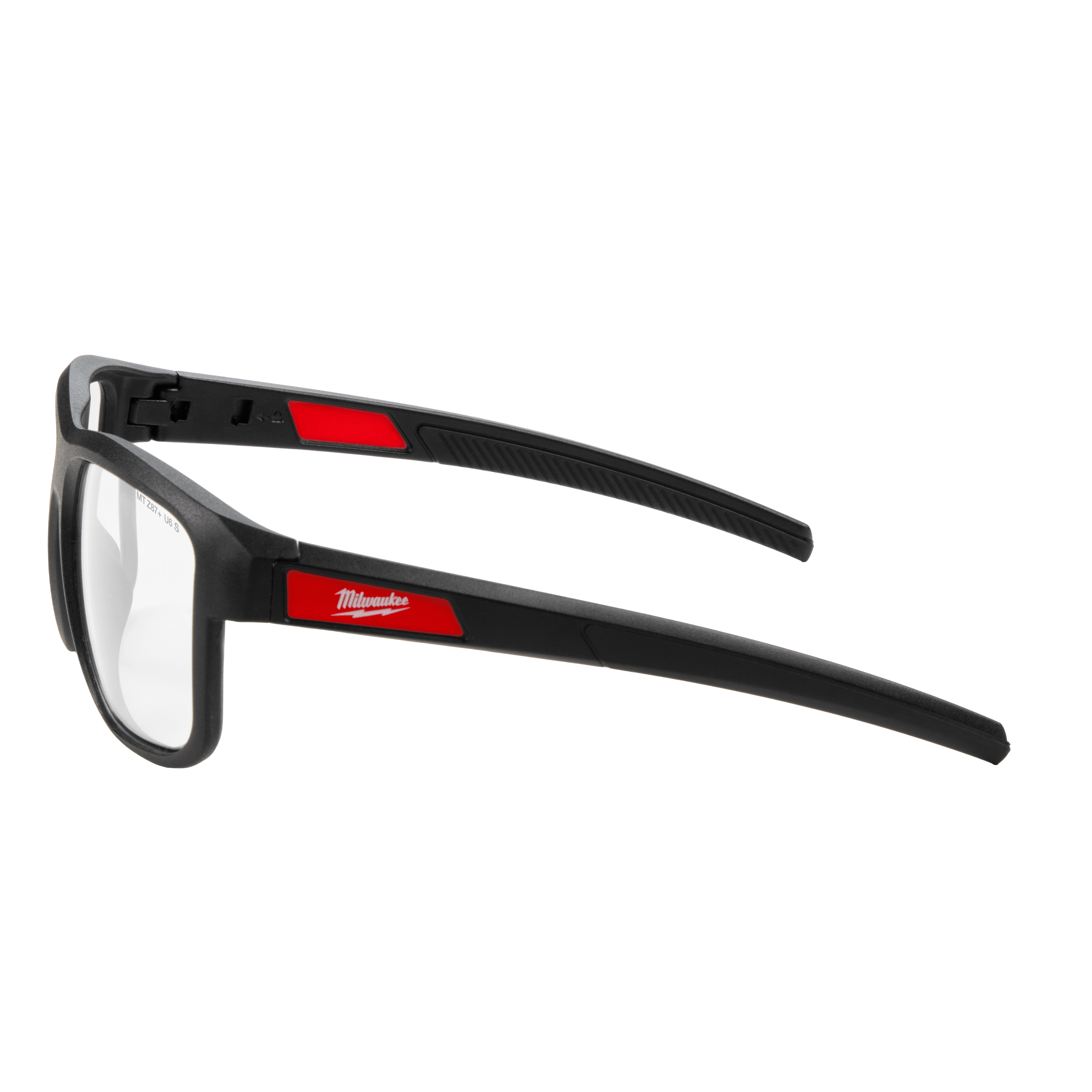 Full Frame Safety Glasses with Removable Side Shields feature clear anti-scratch lenses, a sturdy black frame, and red accent detailing. The side shields can be detached as needed, offering flexible protection. These glasses are designed for durability and safety in various work environments.