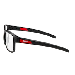 Full Frame Safety Glasses with Removable Side Shields feature clear anti-scratch lenses, a sturdy black frame, and red accent detailing. The side shields can be detached as needed, offering flexible protection. These glasses are designed for durability and safety in various work environments.