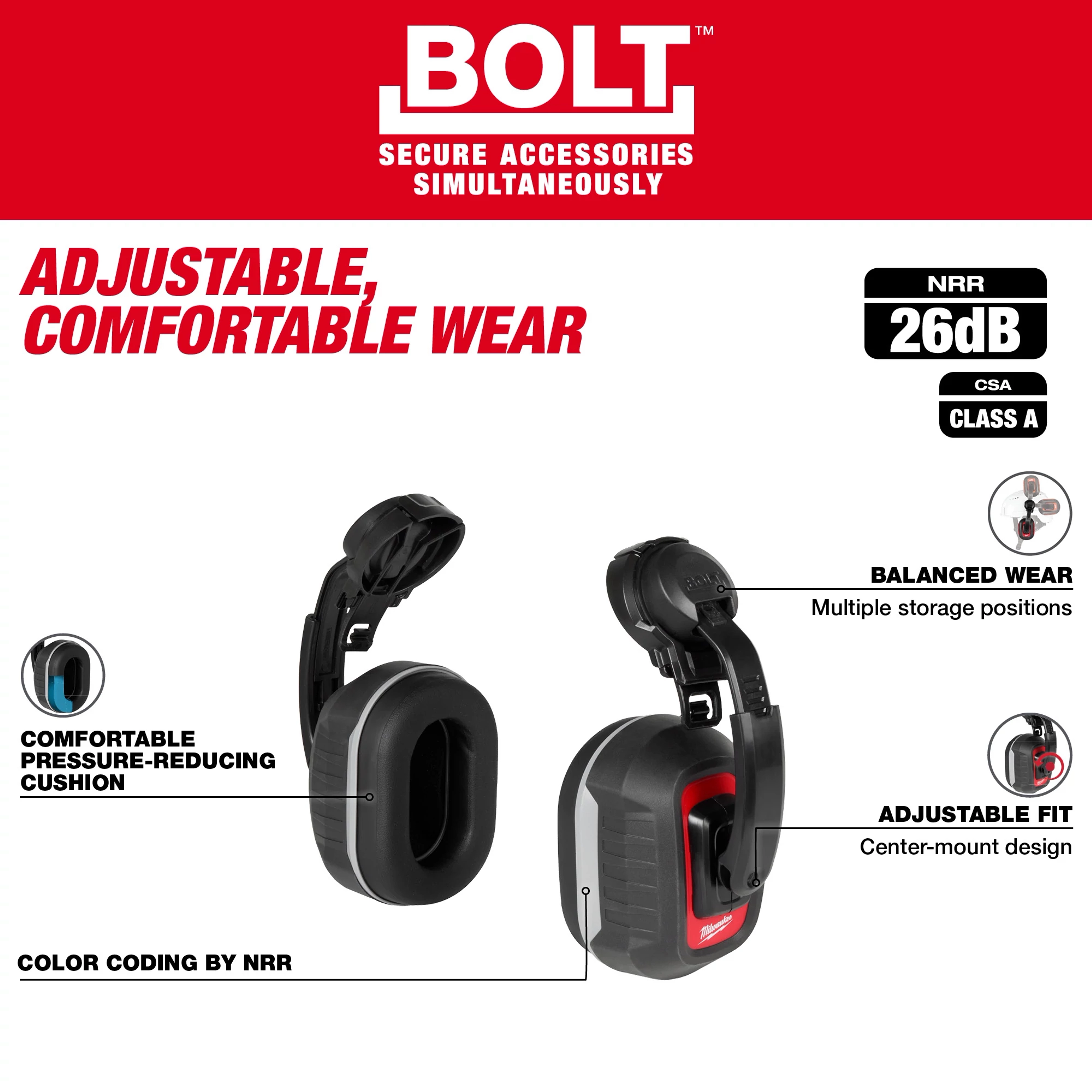 BOLT 26dB Earmuffs featuring adjustable fit, balanced wear with multiple storage positions, and comfortable pressure-reducing cushions.
