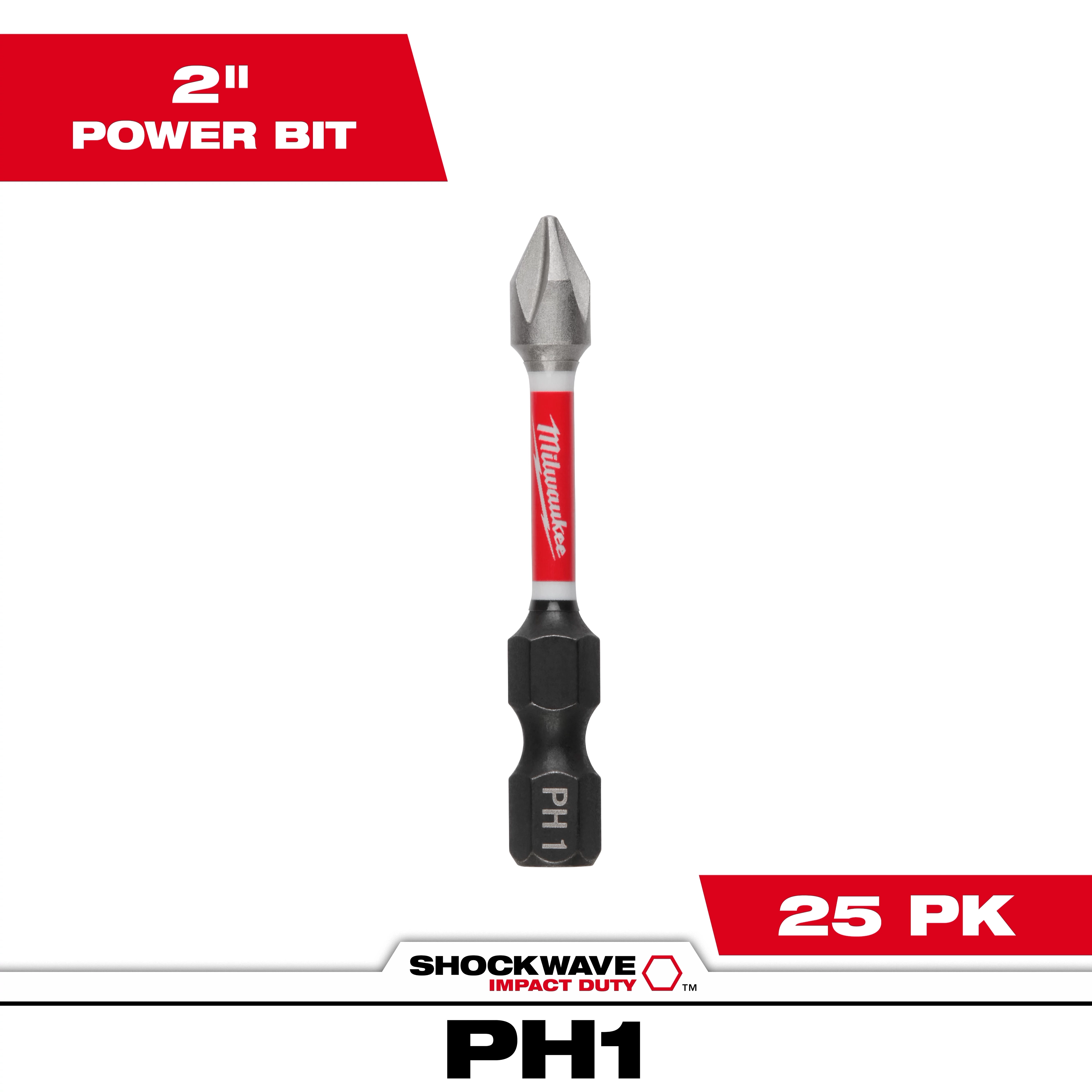 This image shows a SHOCKWAVE™ 2" Impact Phillips #2 Power Bit (25 PK) by Milwaukee. It is a screwdriver bit designed for impact use, featuring a red and silver design with the Milwaukee logo and marked "PH1." The text indicates it is a pack of 25.