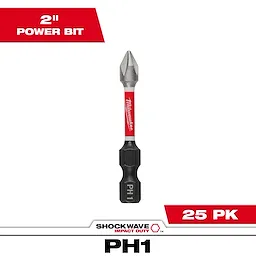 This image shows a SHOCKWAVE™ 2" Impact Phillips #2 Power Bit (25 PK) by Milwaukee. It is a screwdriver bit designed for impact use, featuring a red and silver design with the Milwaukee logo and marked "PH1." The text indicates it is a pack of 25.