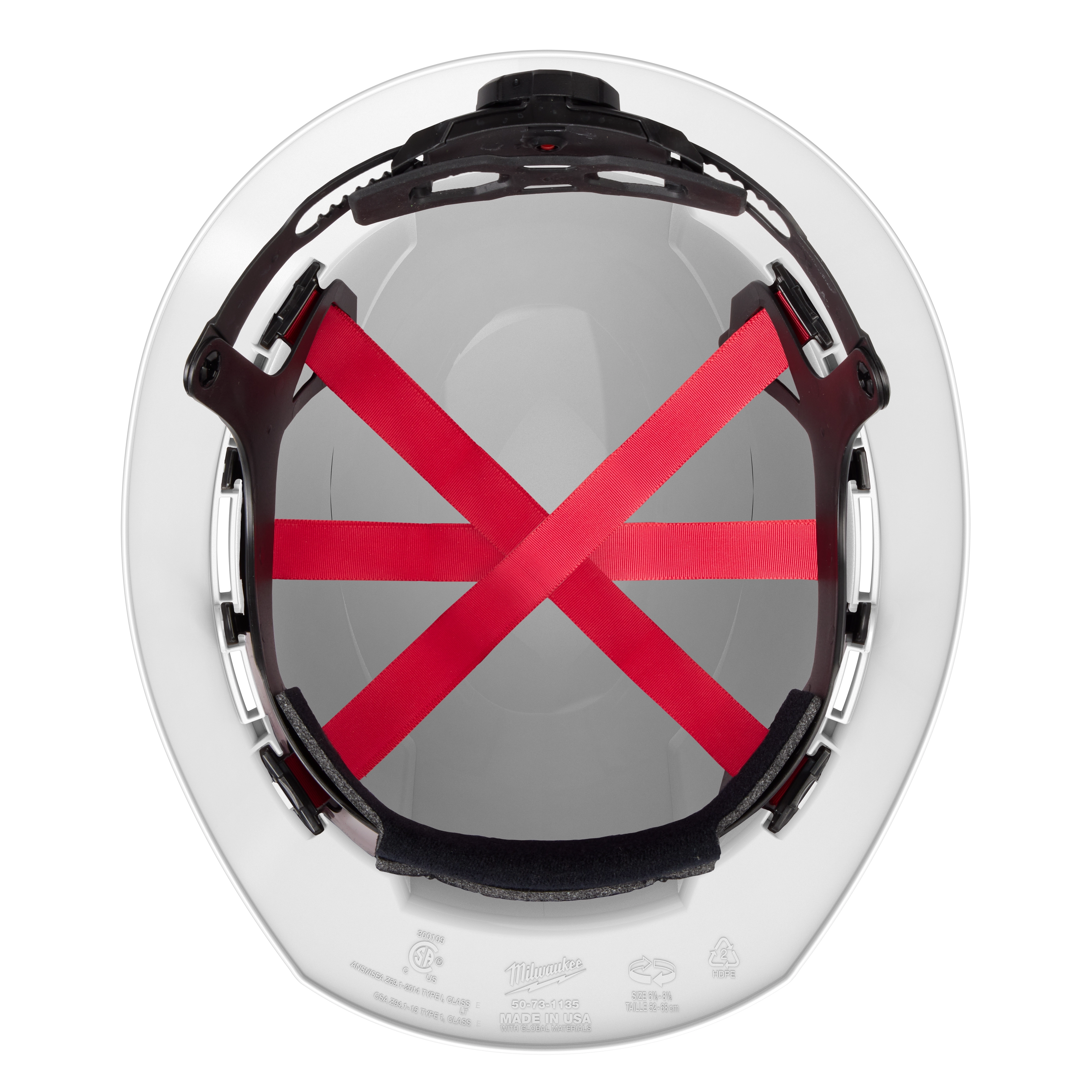 BOLT White Full Brim Hard Hat with 6-point Ratcheting Suspension (USA) - Type 1, Class E shown from the interior, highlighting the red cross-strap suspension system and adjustable ratchet mechanism for secure fitting.