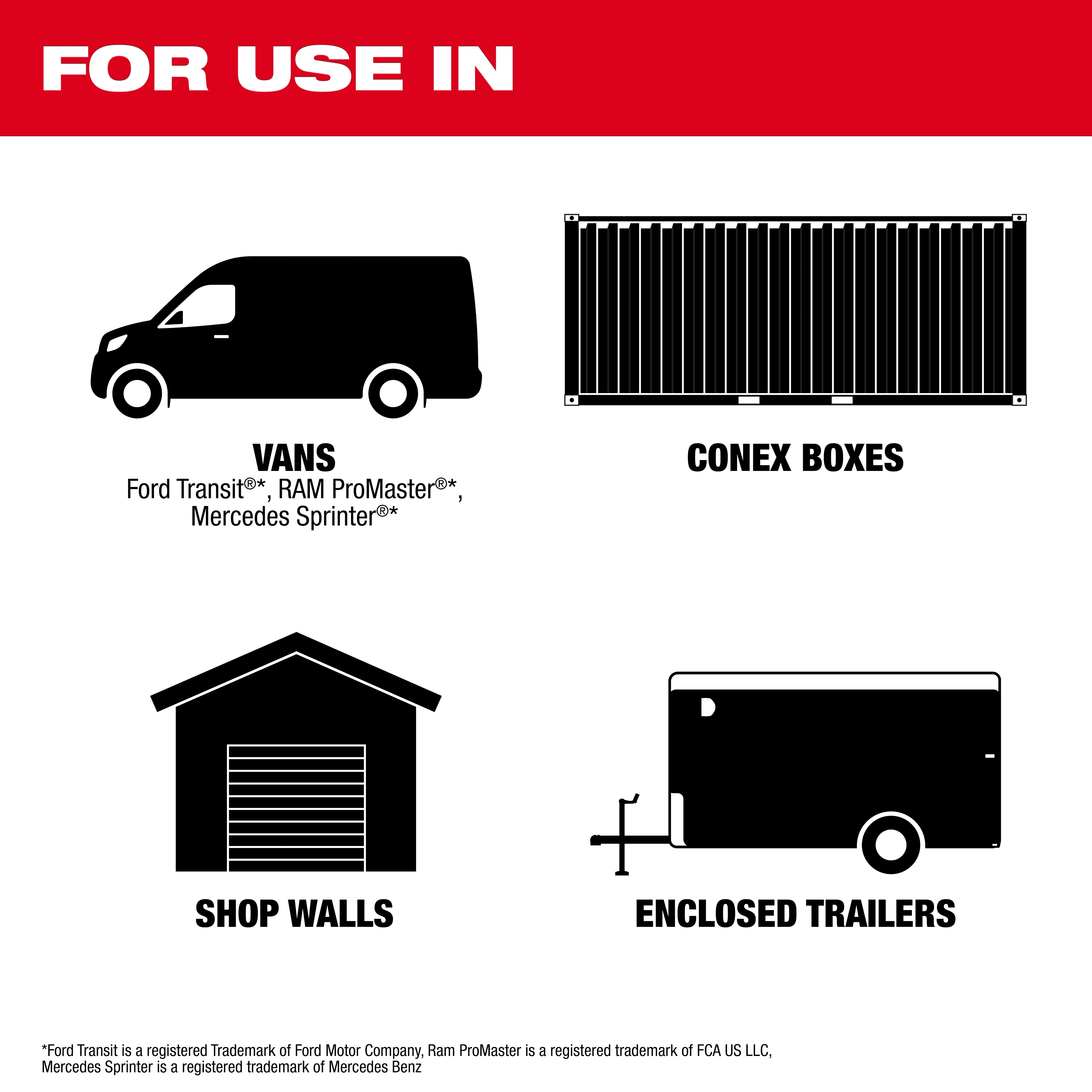 The PACKOUT™ Rack is suitable for use in vans, Ford Transit, RAM ProMaster, Mercedes Sprinter, conex boxes, shop walls, and enclosed trailers.
