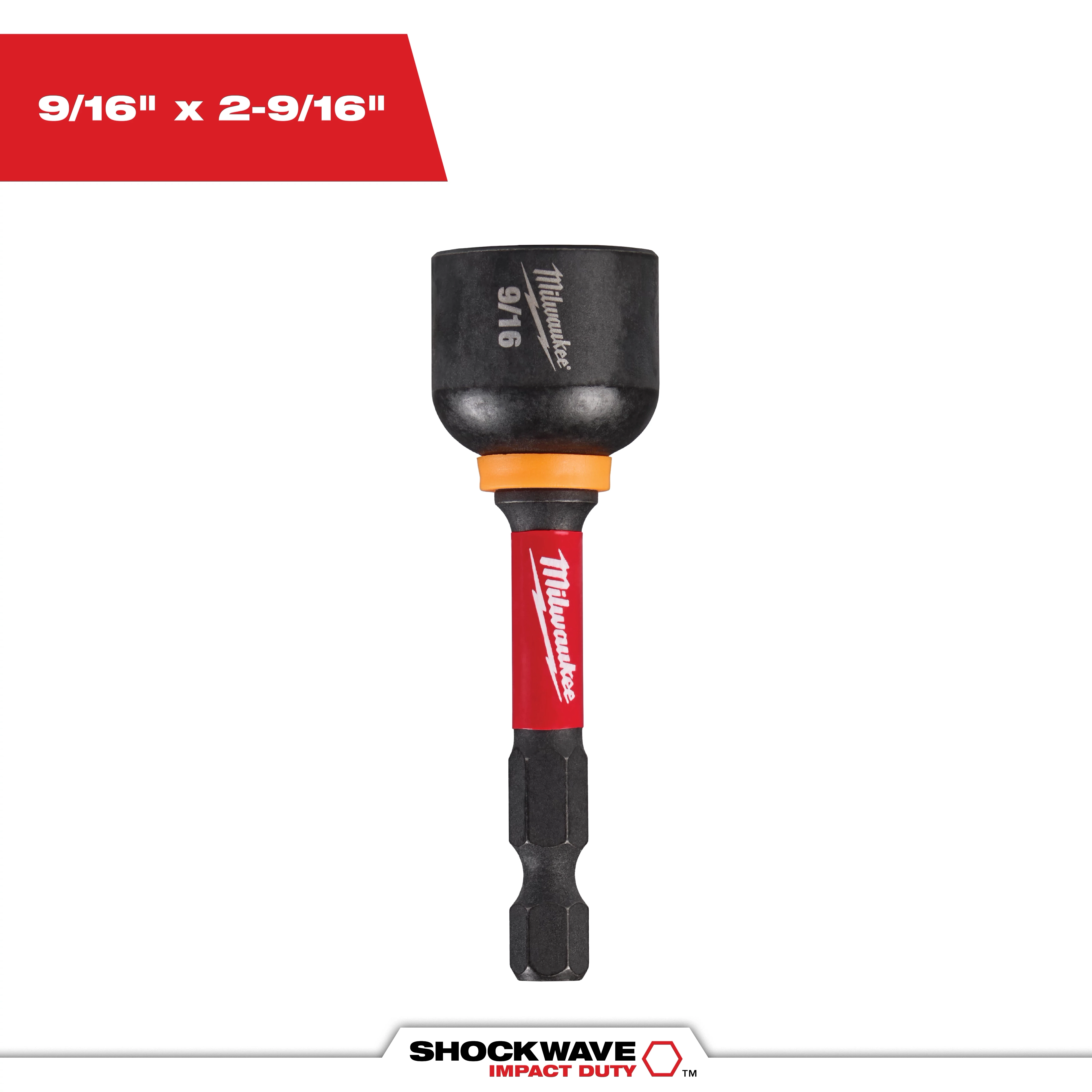 Image of a SHOCKWAVE™ Impact Duty™ 9/16" x 2-9/16" Magnetic Nut Driver. The tool has a black magnetic tip, an orange ring, and a red shaft with the Milwaukee logo. The dimensions "9/16" x 2-9/16"" are displayed in the upper left corner.