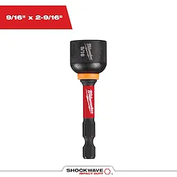 Image of a SHOCKWAVE™ Impact Duty™ 9/16" x 2-9/16" Magnetic Nut Driver. The tool has a black magnetic tip, an orange ring, and a red shaft with the Milwaukee logo. The dimensions "9/16" x 2-9/16"" are displayed in the upper left corner.