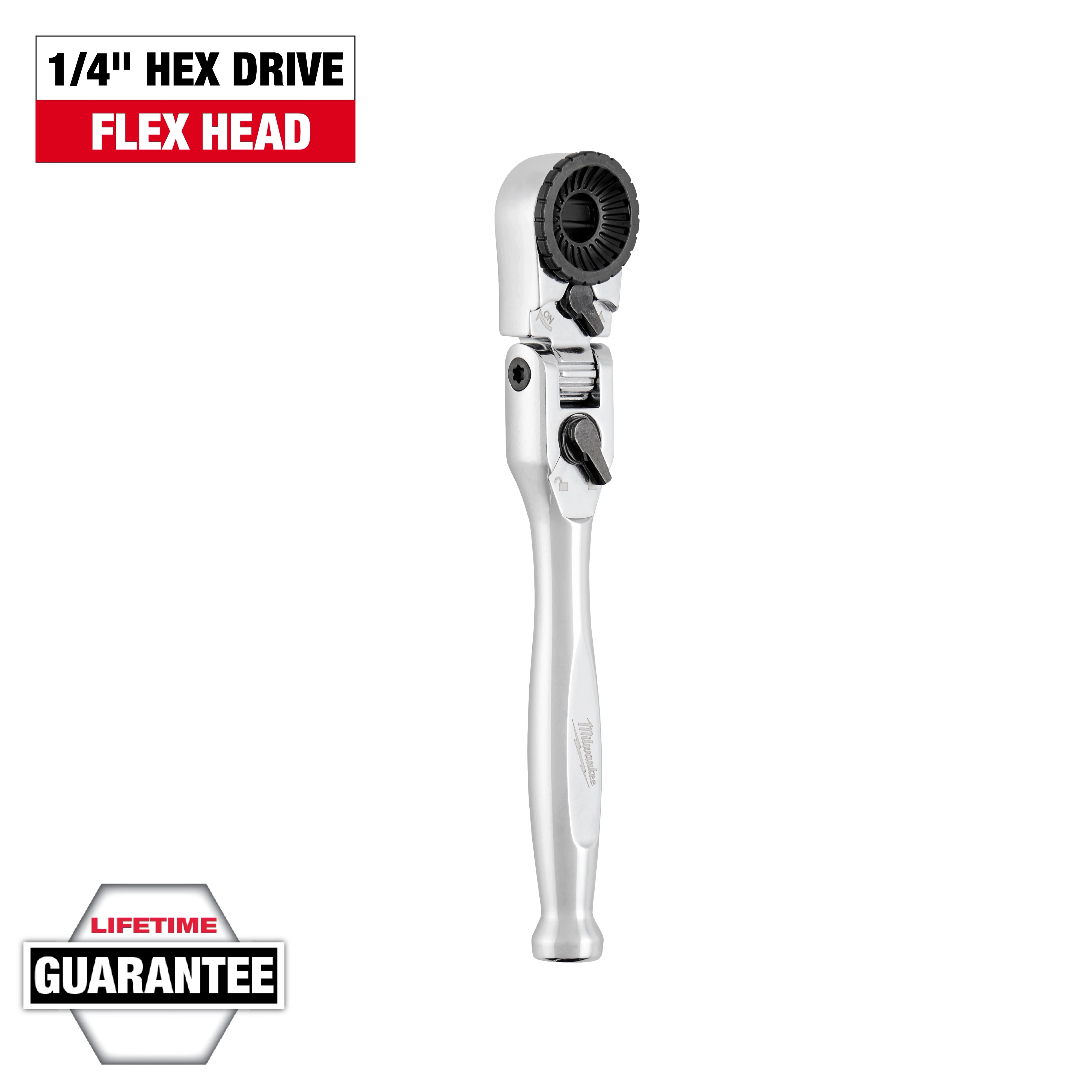 1/4” Hex Drive Mini Flex Head Bit Ratchet standing upright on a plain background with text labels around it.