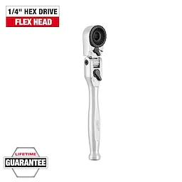 1/4” Hex Drive Mini Flex Head Bit Ratchet standing upright on a plain background with text labels around it.