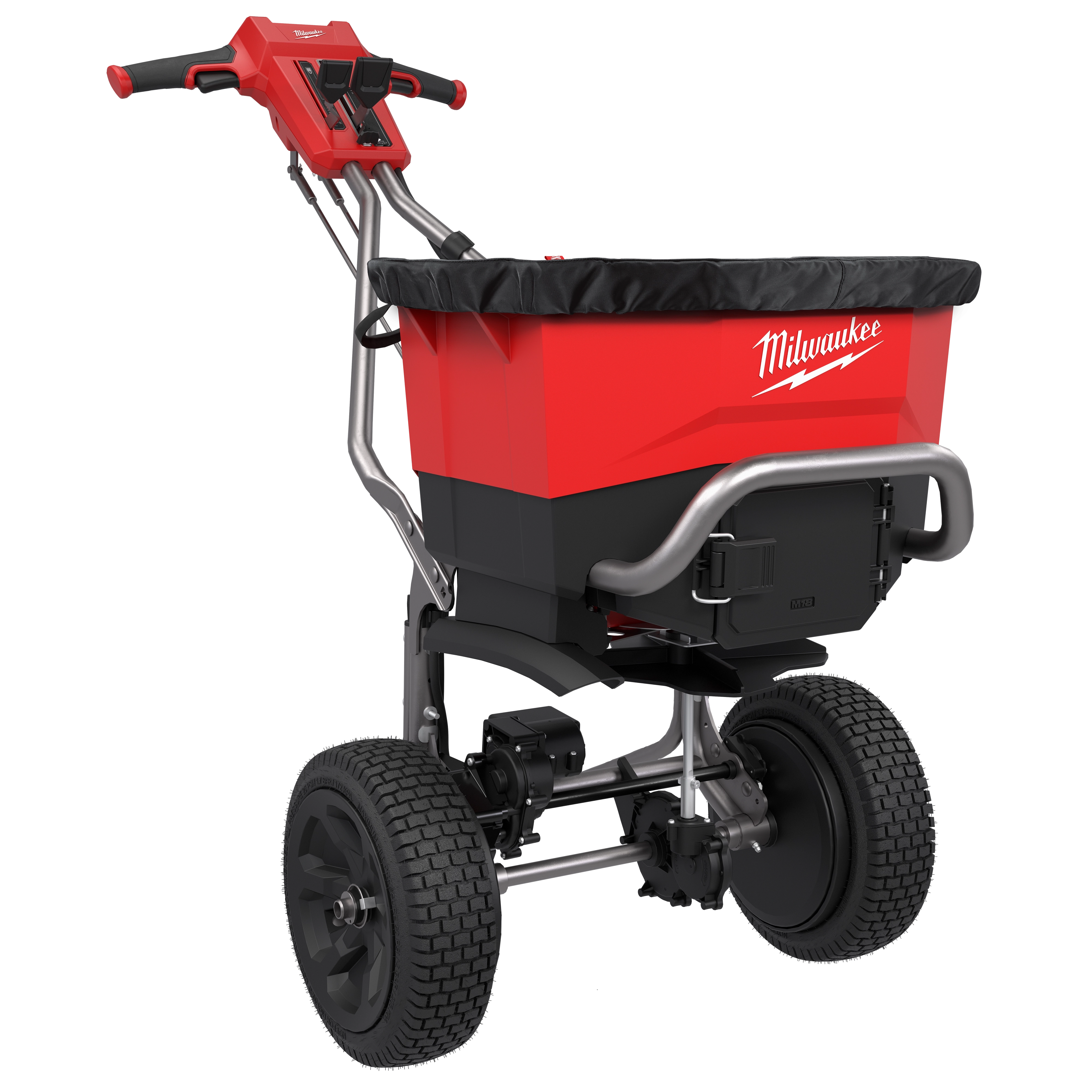 M18 Self-Propelled Broadcast Spreader with large wheels and a covered rectangular hopper on a metal frame.