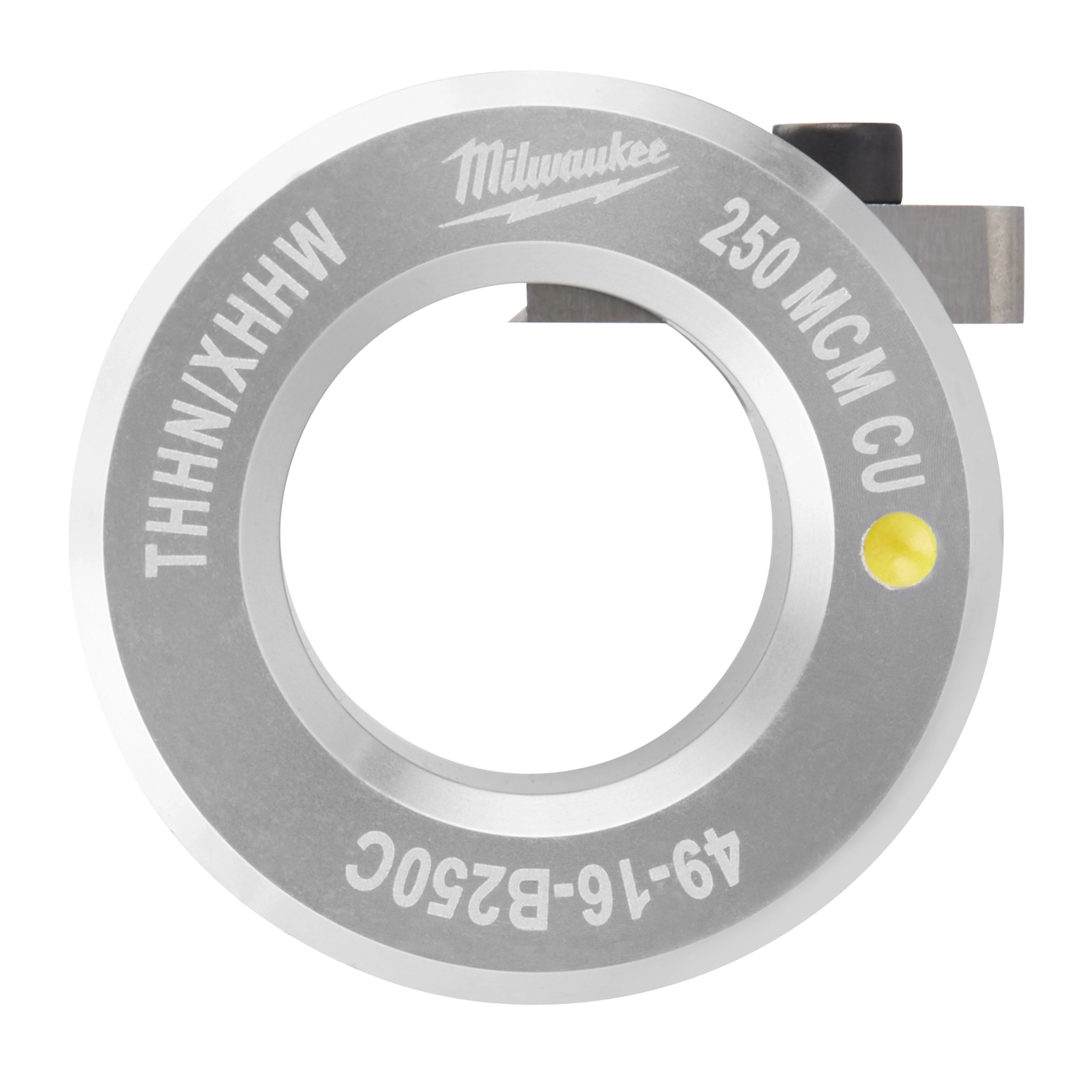 Circular 250 MCM Cu THHN/XHHW Bushing, silver with black attachment, marked with part number 49-16-B250C and a yellow dot.