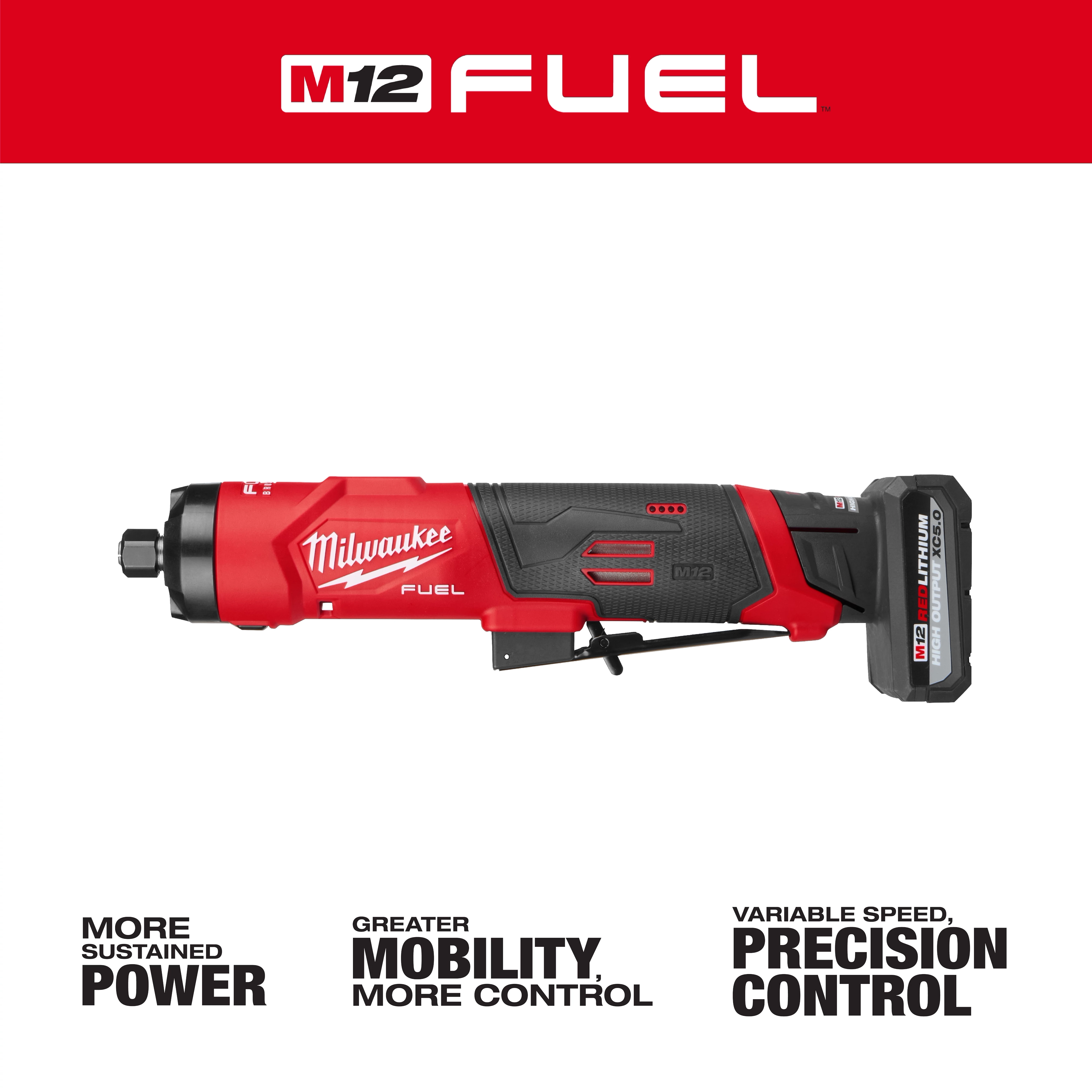 M12 FUEL 1/4" Straight Die Grinder displayed horizontally with attached battery pack on a white background.