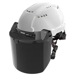White safety helmet with black face shield and adjustable straps.
