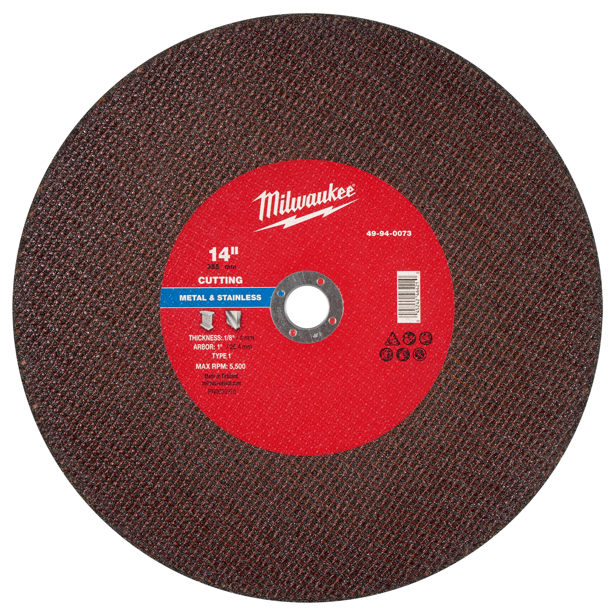 14" Metal Cut Off Wheel -Type 1 for metal and stainless steel cutting, with a 1-inch arbor, maximum RPM of 5,500.