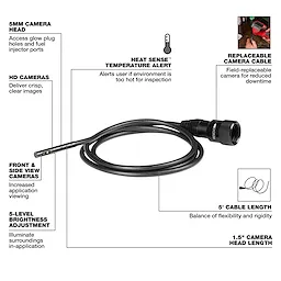 The 5mm 5' Borescope Camera Cable features HD cameras, front and side view options, a 1.5" camera head, and a replaceable cable. It includes 5-level brightness adjustment and a Heat Sense temperature alert for safe inspections. The 5-foot cable offers a balance of flexibility and rigidity.