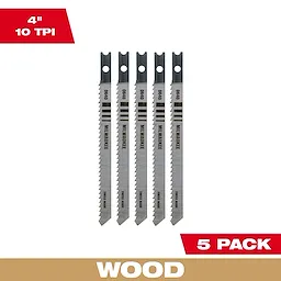 4" 10TPI U-Shank Wood High Carbon Steel Jig Saw Blades 5PK, suitable for wood cutting, displayed in a vertical row.