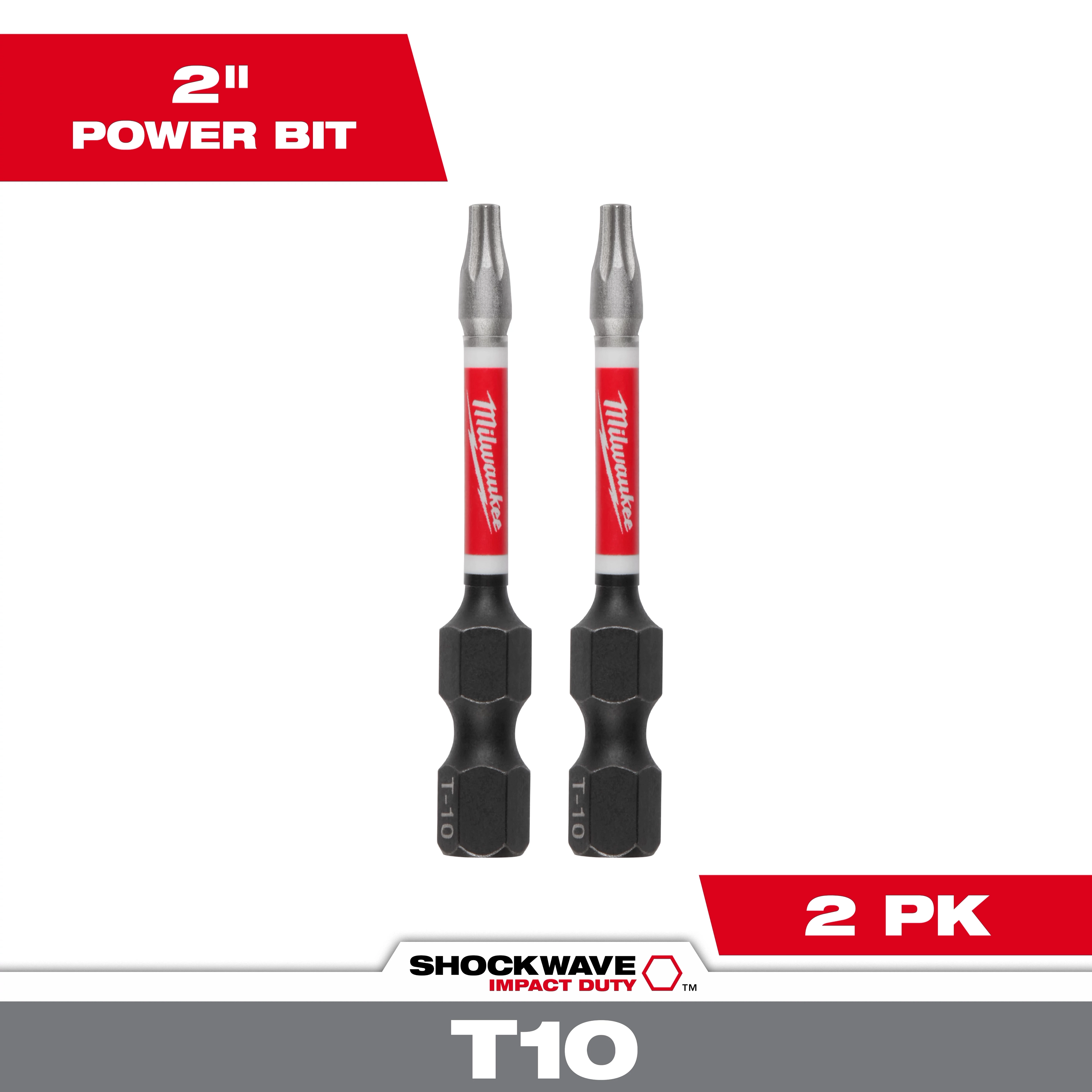 The image shows two SHOCKWAVE™ Impact Duty 2" T10 Bits (2 Pk). These are 2-inch power bits designed for impact duty, labeled with "Milwaukee" branding in red and white, and "T10" at the base.