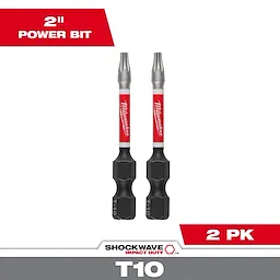 The image shows two SHOCKWAVE™ Impact Duty 2" T10 Bits (2 Pk). These are 2-inch power bits designed for impact duty, labeled with "Milwaukee" branding in red and white, and "T10" at the base.