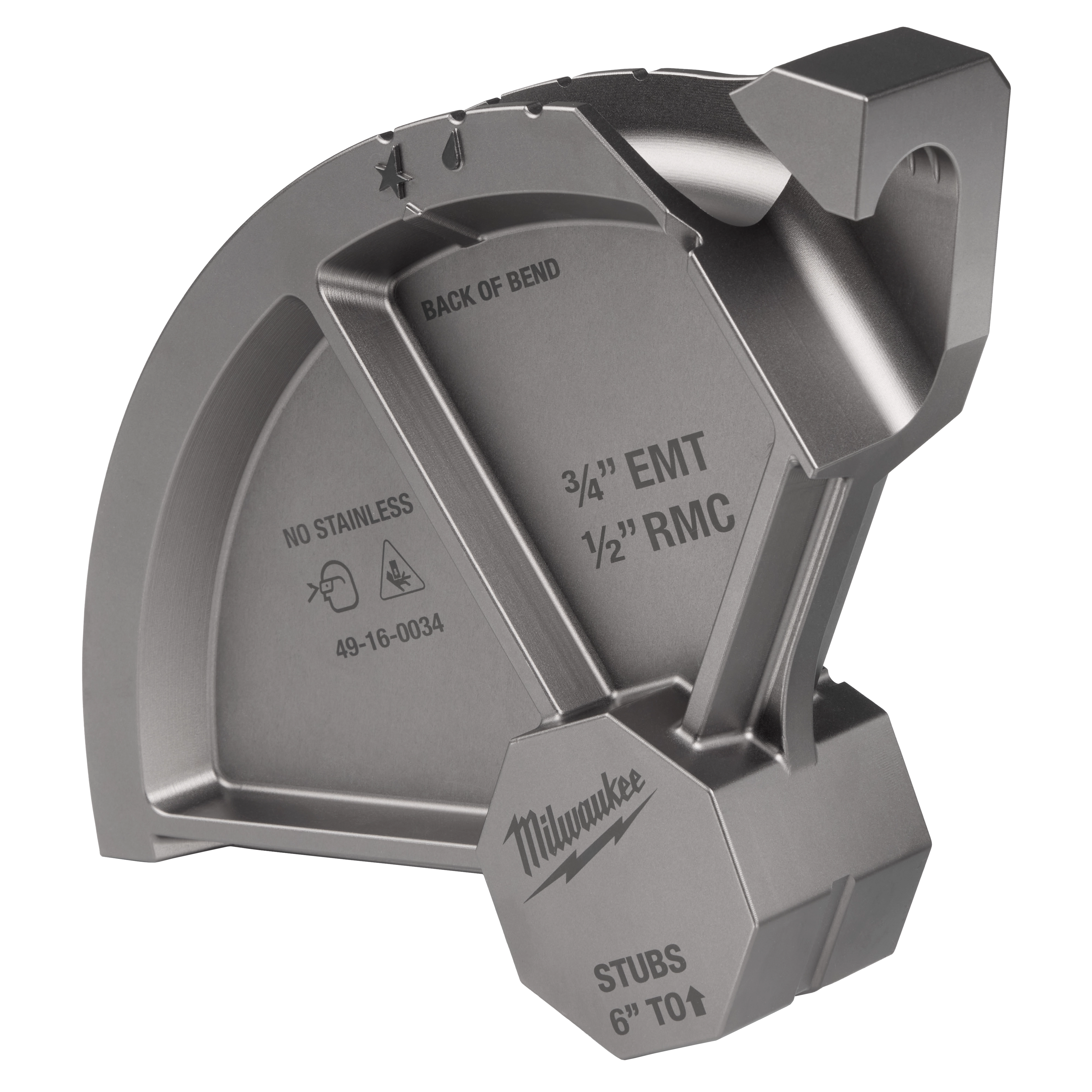 This is a Milwaukee conduit bender die for 3/4" EMT and 1/2" RMC, featuring markings such as "Back of Bend" and "No Stainless." The model number is 49-16-0034, and it is used for creating stubs from 6" and up.