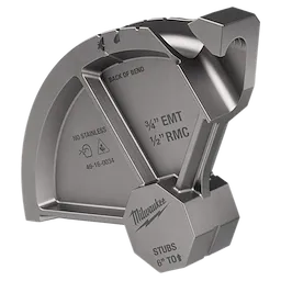 This is a Milwaukee conduit bender die for 3/4" EMT and 1/2" RMC, featuring markings such as "Back of Bend" and "No Stainless." The model number is 49-16-0034, and it is used for creating stubs from 6" and up.