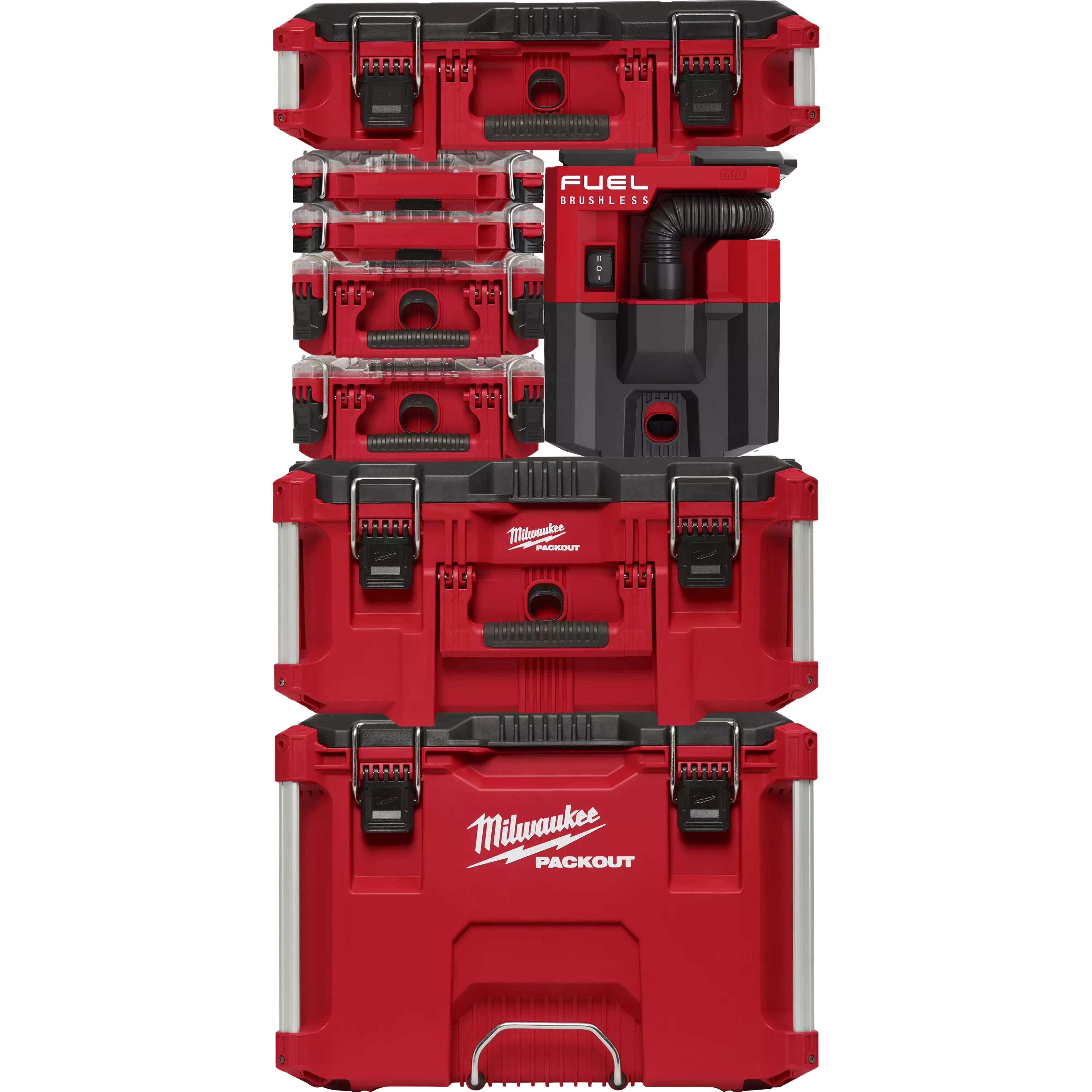 M18 FUEL PACKOUT 2.5 Gallon Wet/Dry Vacuum in a red casing with various stackable compartments and locking latches.