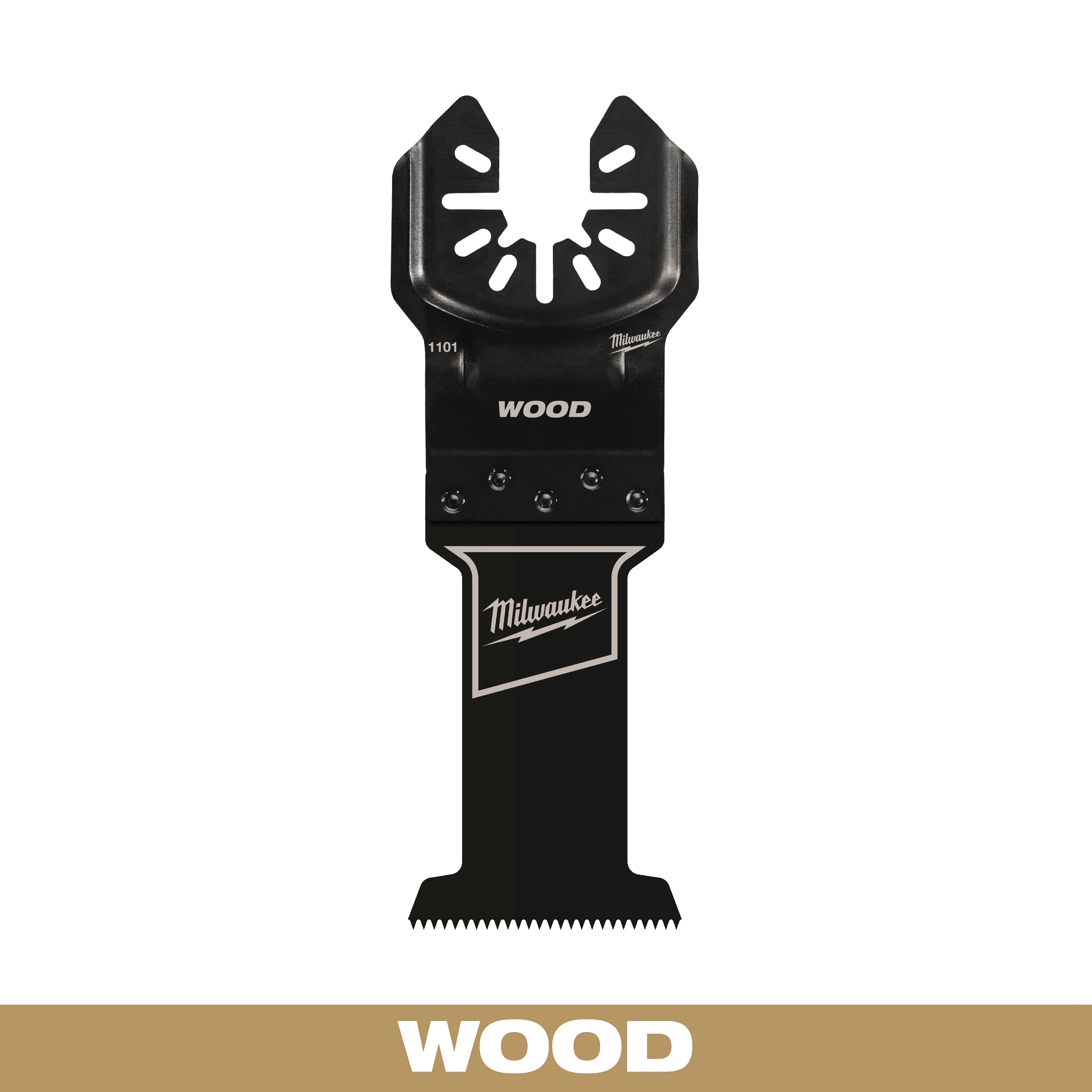 Milwaukee Open-Lok 1-3/8" HCS Wood Multi-Tool Blade in black with the Milwaukee logo and the word "WOOD" on the blade.