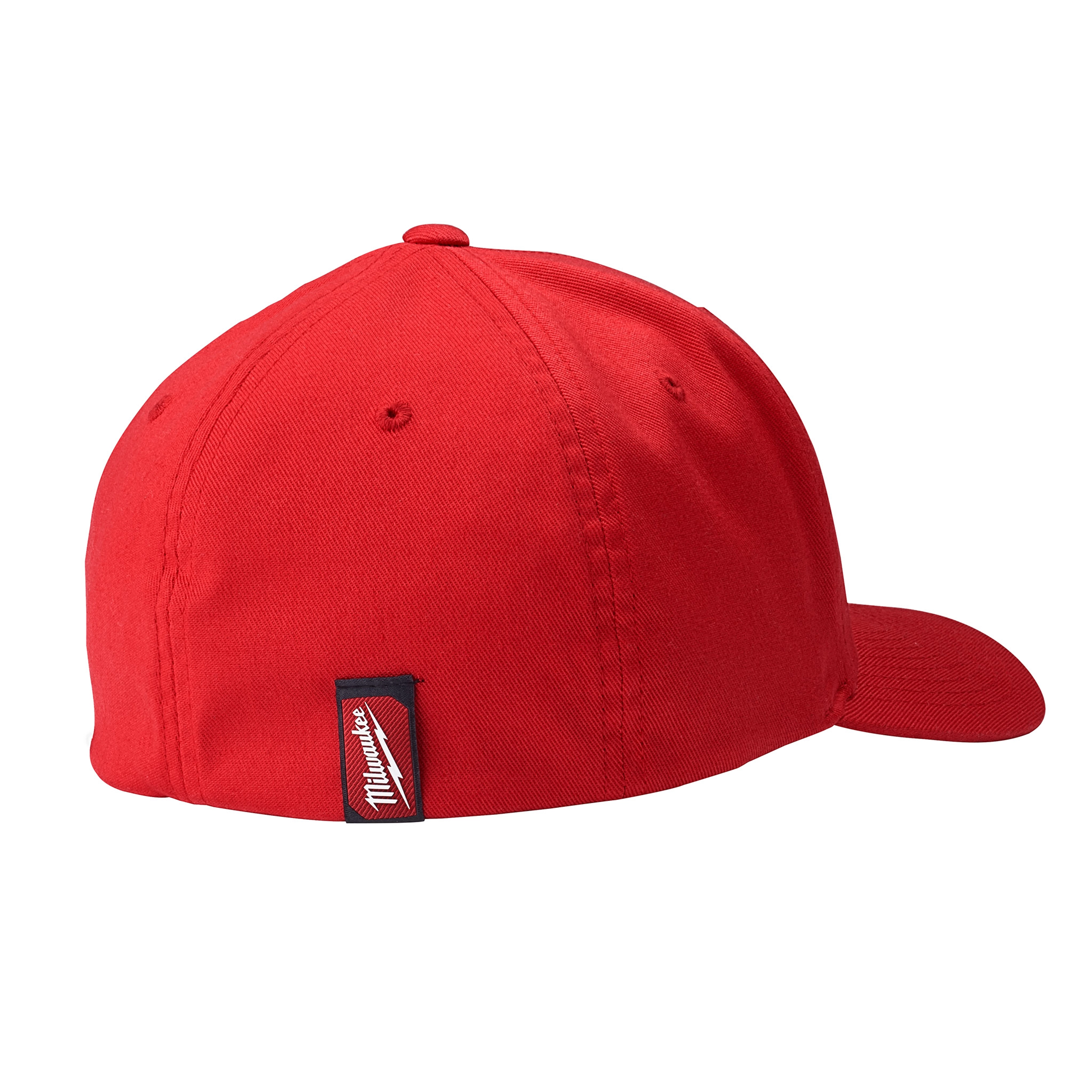 The Milwaukee Fitted Hat is bright red with a curved brim. A black label on the back features the Milwaukee logo.