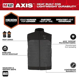 M12 Heated AXIS Jacket features wind and water resistance, heat zones, lightweight durability, Hexon heat technology, and ripstop polyester fabric.