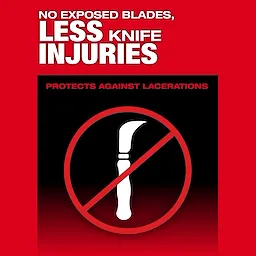 M18 FUEL™ Covered Conductor Cable Stripper Kit w/ Adjustable Bushings features "No Exposed Blades, Less Knife Injuries" written on a red and black background. An illustration depicts a crossed-out knife, with text saying "Protects Against Lacerations," emphasizing safety and injury prevention benefits.