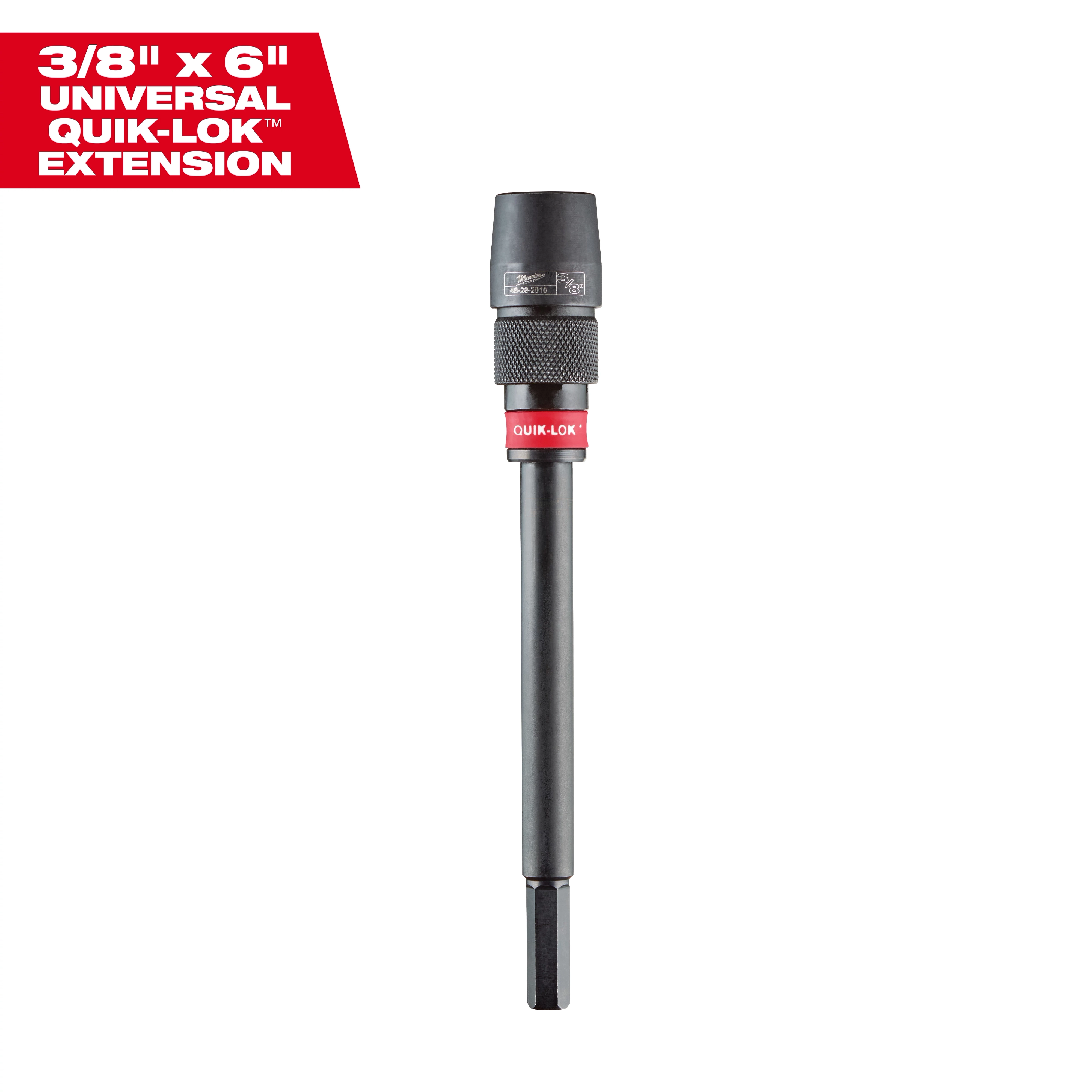 6" x 3/8" Universal QUIK-LOK Extension in black with a textured grip and red band, designed for extending drill reach.