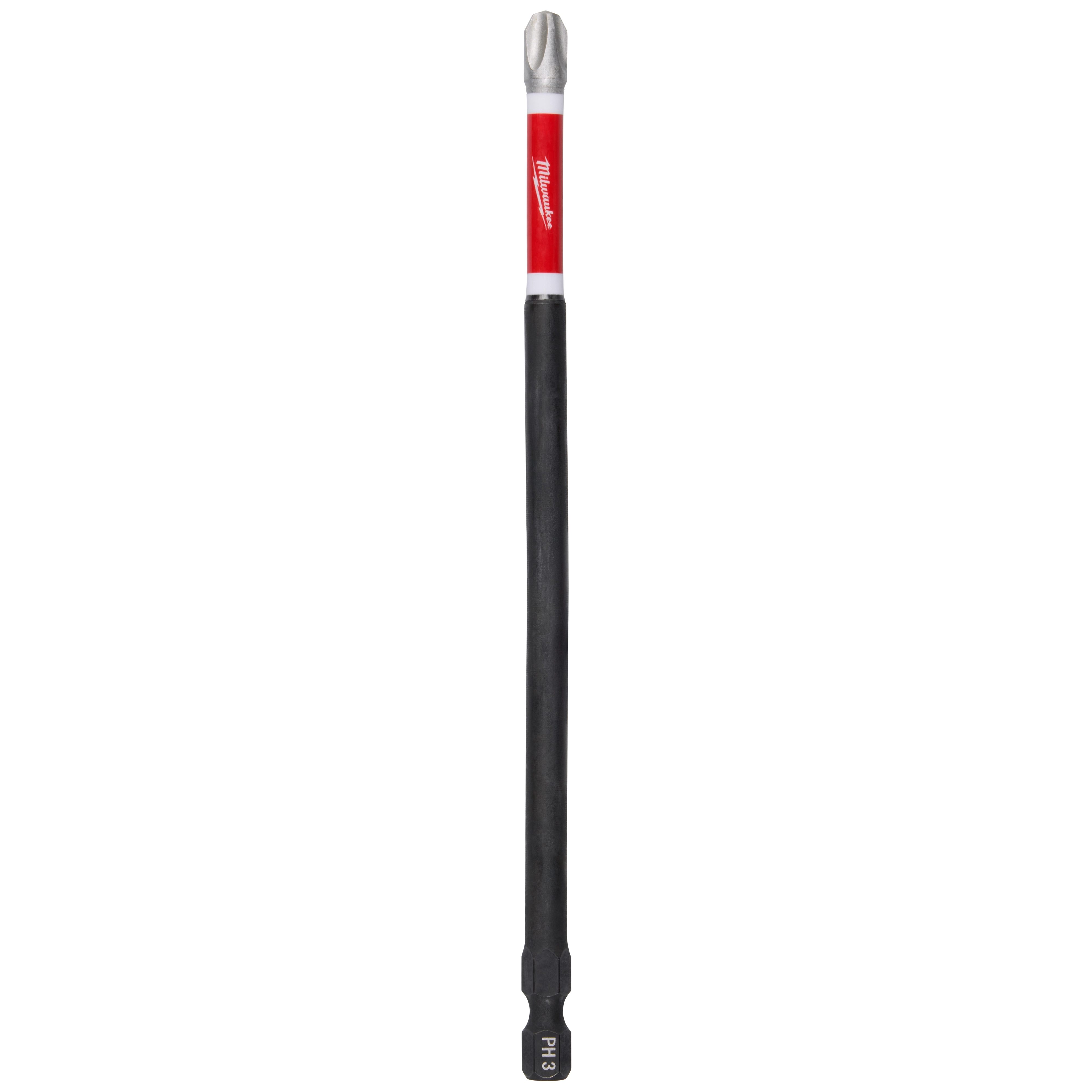 This image shows a SHOCKWAVE™ 6" Impact Phillips #3 Power Bit. It has a black shaft and a silver Phillips #3 tip, with a red section near the tip displaying the Milwaukee logo. The bit is designed for durability and high performance.