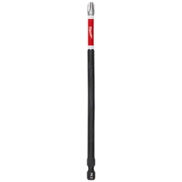 This image shows a SHOCKWAVE™ 6" Impact Phillips #3 Power Bit. It has a black shaft and a silver Phillips #3 tip, with a red section near the tip displaying the Milwaukee logo. The bit is designed for durability and high performance.