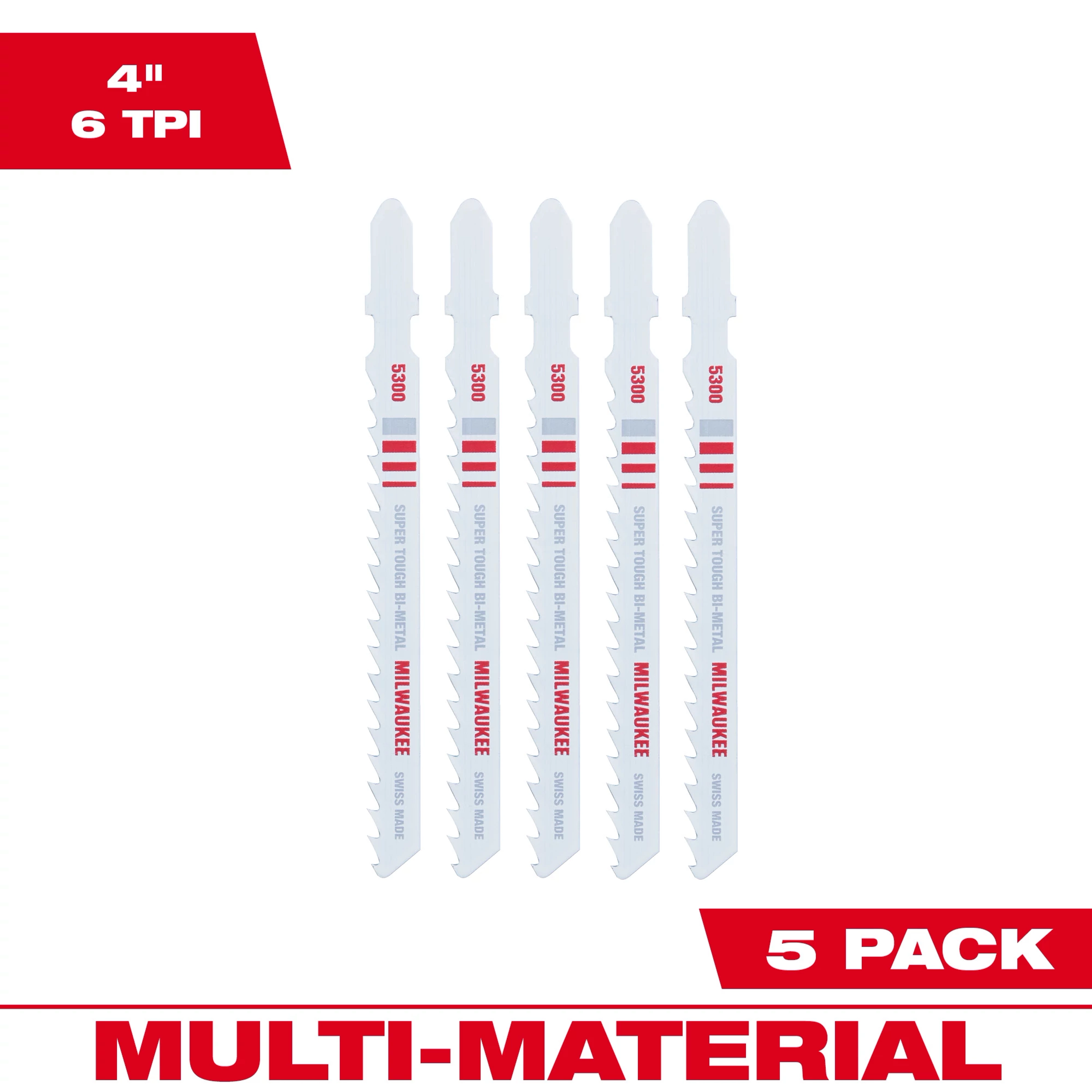4" 6TPI T-Shank Multi Material Bi-Metal Jig Saw Blades 5PK features five white and red jig saw blades with 6 TPI for multi-materials.