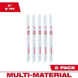 4" 6TPI T-Shank Multi Material Bi-Metal Jig Saw Blades 5PK features five white and red jig saw blades with 6 TPI for multi-materials.