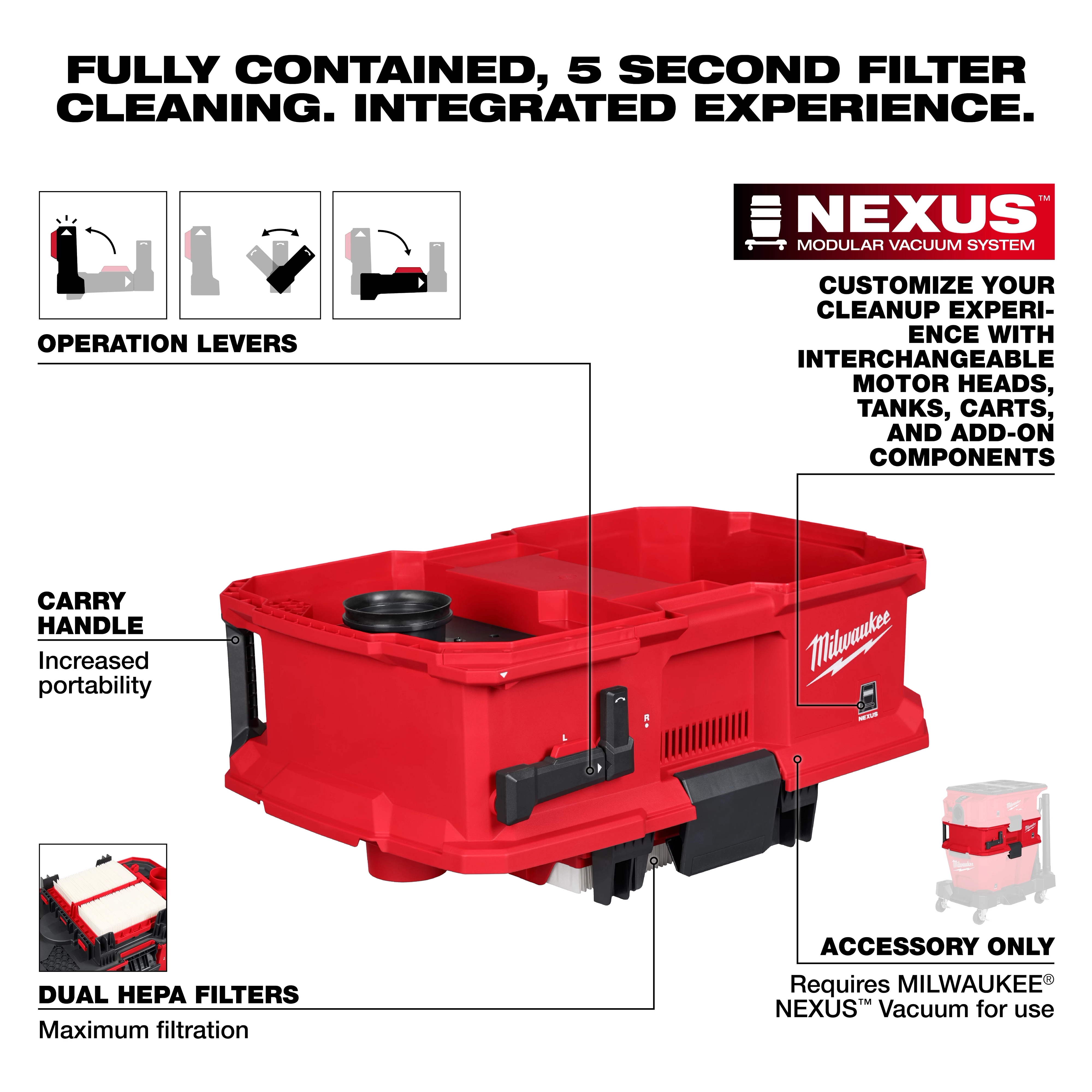 The NEXUS™ Dedicated Filter Cleaner is a modular system accessory for MILWAUKEE® vacuums. It features dual HEPA filters, operation levers, a carry handle for portability, and integrates with interchangeable motor heads and tanks for a customized cleaning experience.