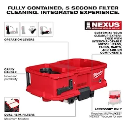 The NEXUS™ Dedicated Filter Cleaner is a modular system accessory for MILWAUKEE® vacuums. It features dual HEPA filters, operation levers, a carry handle for portability, and integrates with interchangeable motor heads and tanks for a customized cleaning experience.