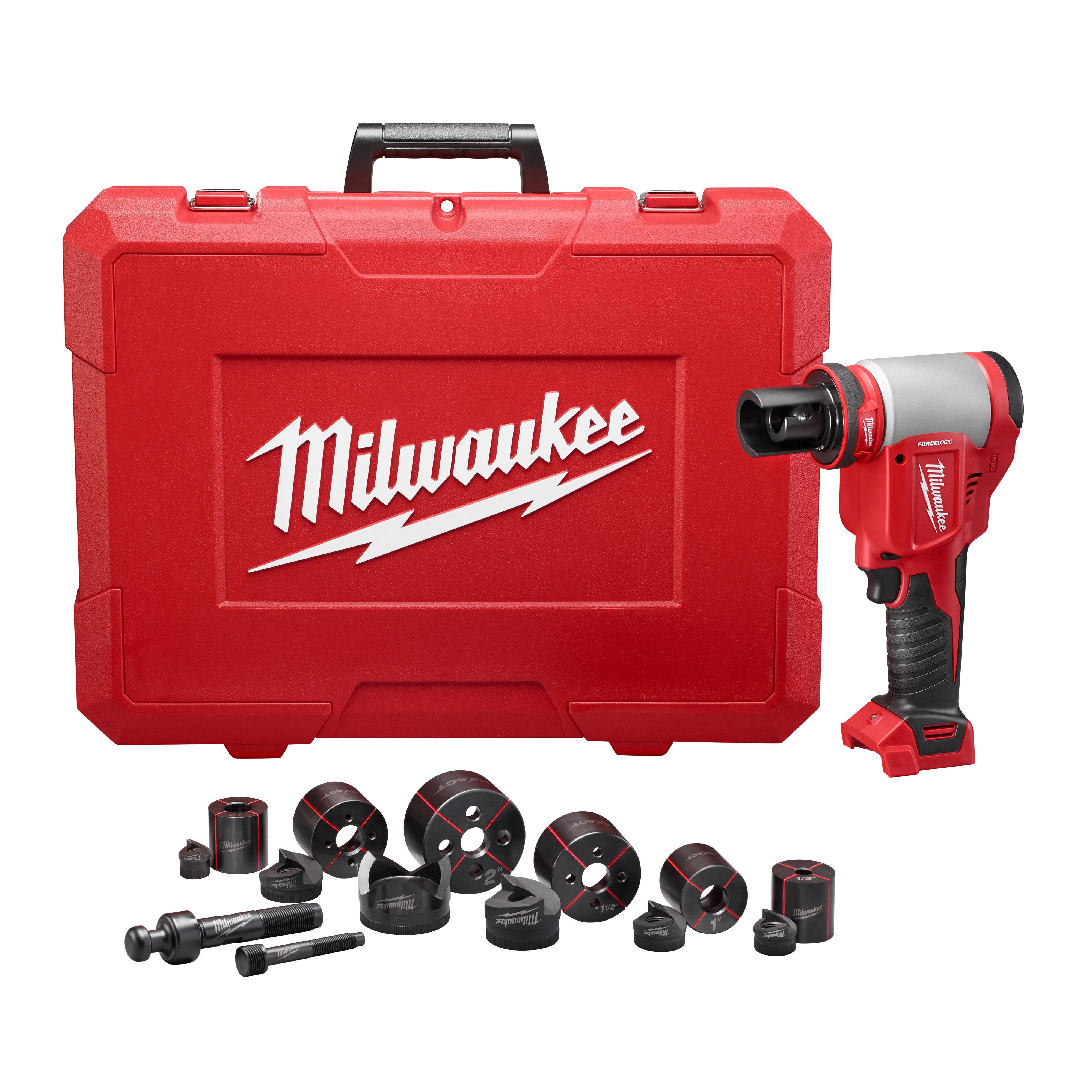 The M18™ FORCE LOGIC™ 10T Knockout Tool 1/2" - 2" with Punches & Dies, shown with a carrying case and various attachments, is a compact and cordless knockout tool designed for punching holes in electrical panels and boxes.