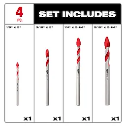 4PC Hard Tile and Glass Bit Set displayed with four drill bits of varying sizes in a labeled layout.