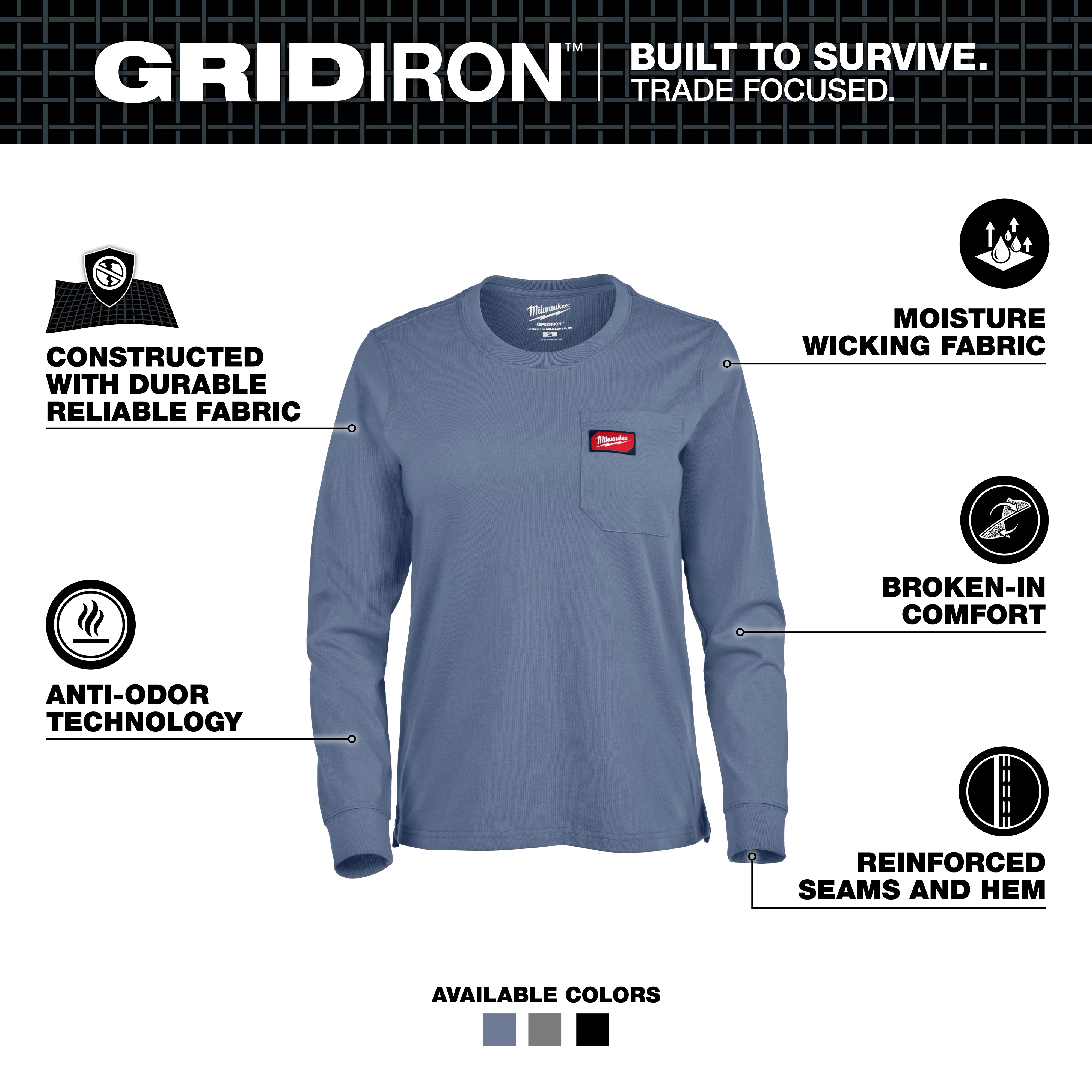 Women's GRITIRON™ Pocket T-Shirt - Long Sleeve Blue. Features include durable reliable fabric, moisture-wicking, anti-odor technology, broken-in comfort, and reinforced seams and hem. Available in blue, gray, and black.