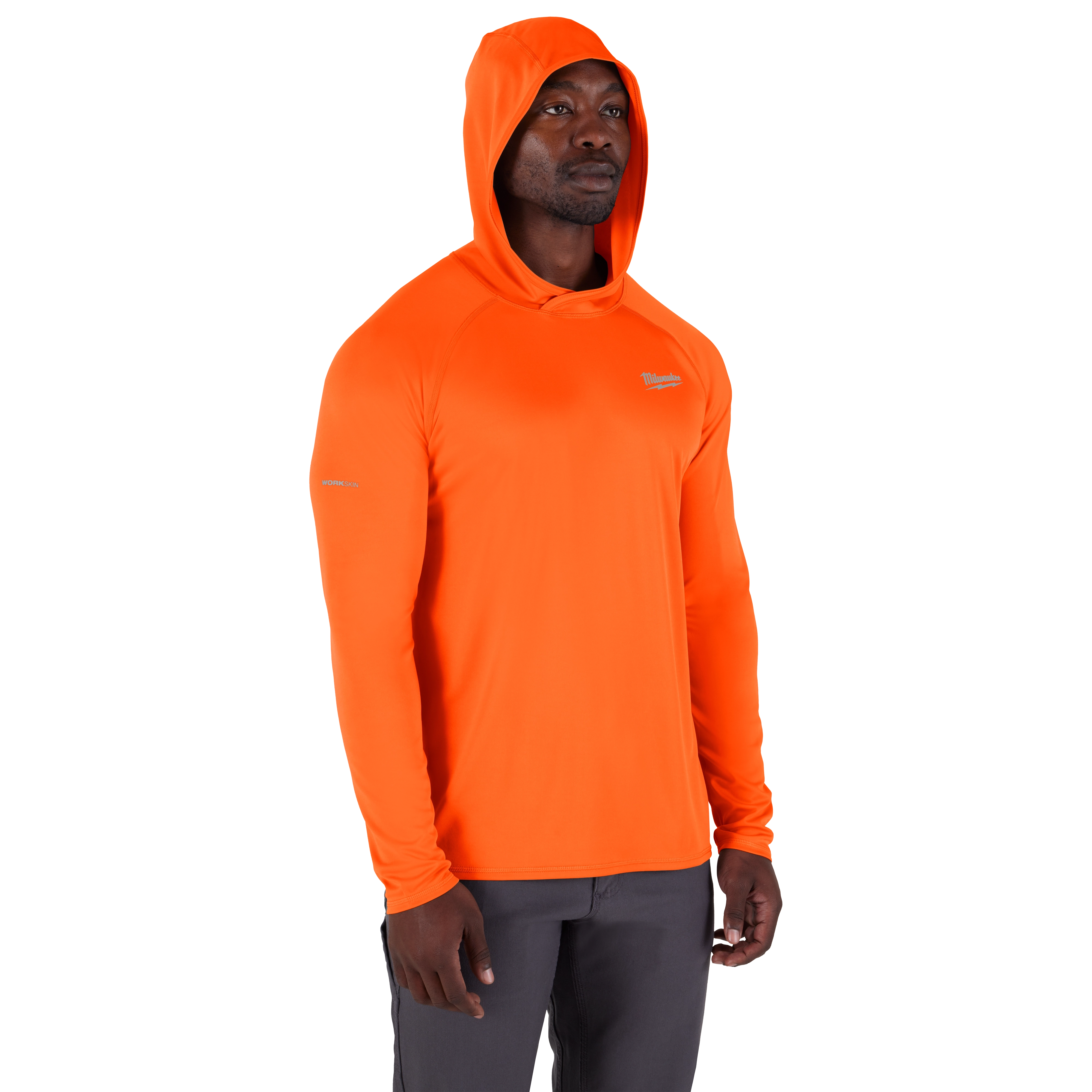 The WORKSKIN Hooded Sun Shirt is a bright orange long-sleeve hoodie designed for sun protection.