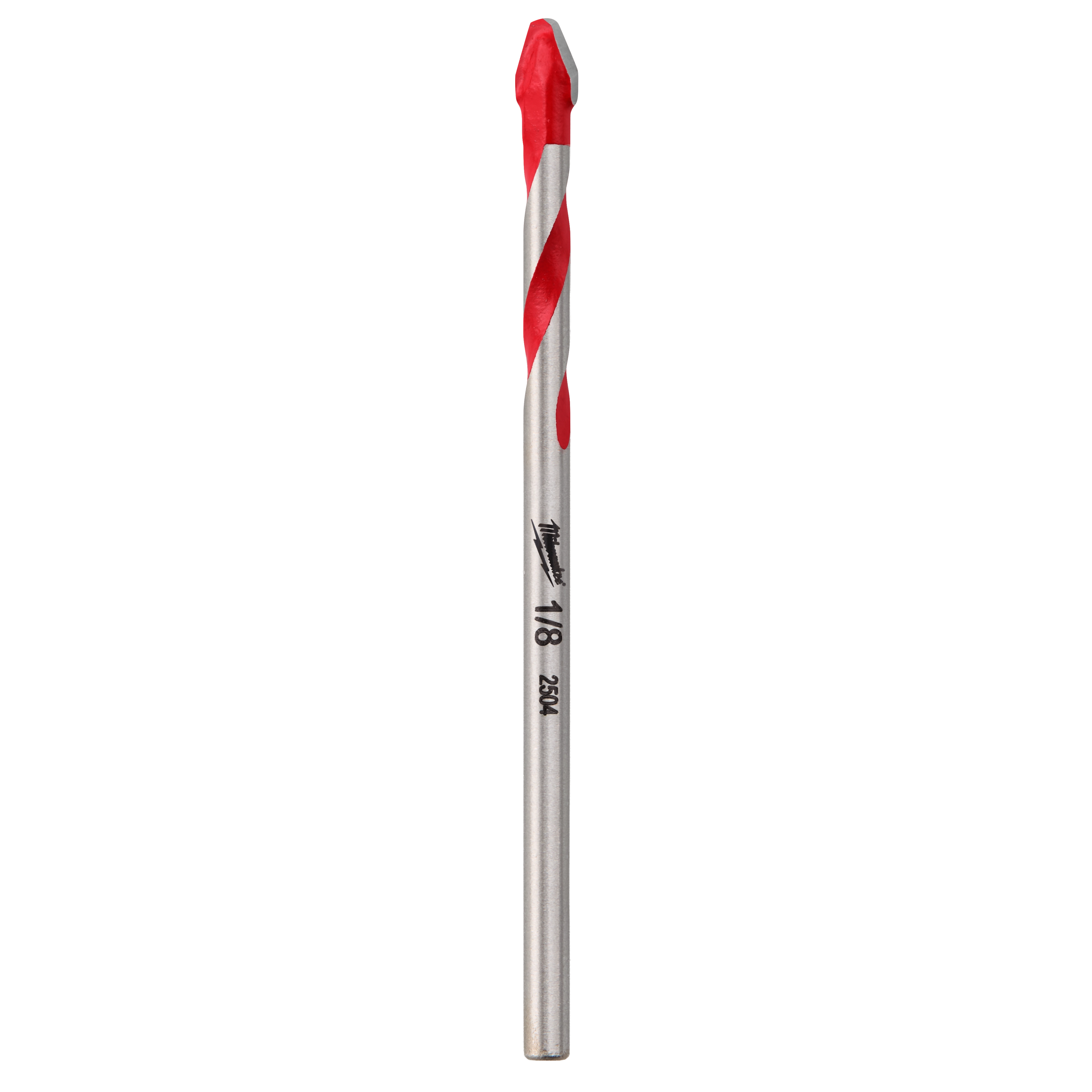 The 1/8" Hard Tile and Glass Bit features a silver metal shaft with a red spiral tip designed for drilling into hard tile and glass surfaces. The bit is marked with its size 1/8" and the model number 230M in black text for easy identification.