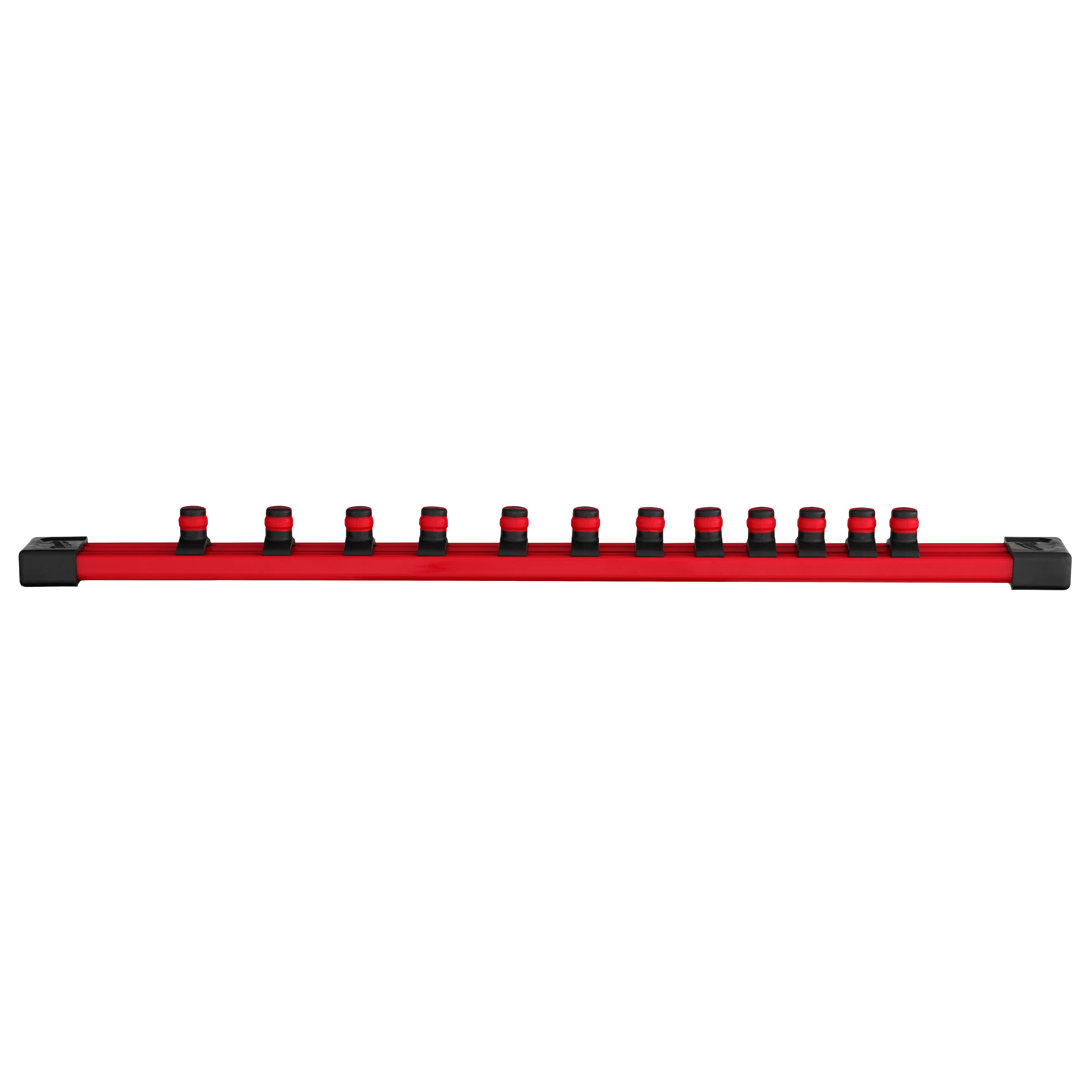 The image shows a 12pc 3/8” Drive 12-Point Deep Well SAE Socket Set. The set includes twelve sockets attached to a red storage rail with black holders. The rail has black end caps and the sockets are evenly spaced along it.