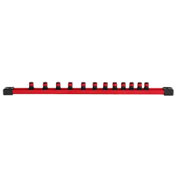 The image shows a 12pc 3/8” Drive 12-Point Deep Well SAE Socket Set. The set includes twelve sockets attached to a red storage rail with black holders. The rail has black end caps and the sockets are evenly spaced along it.