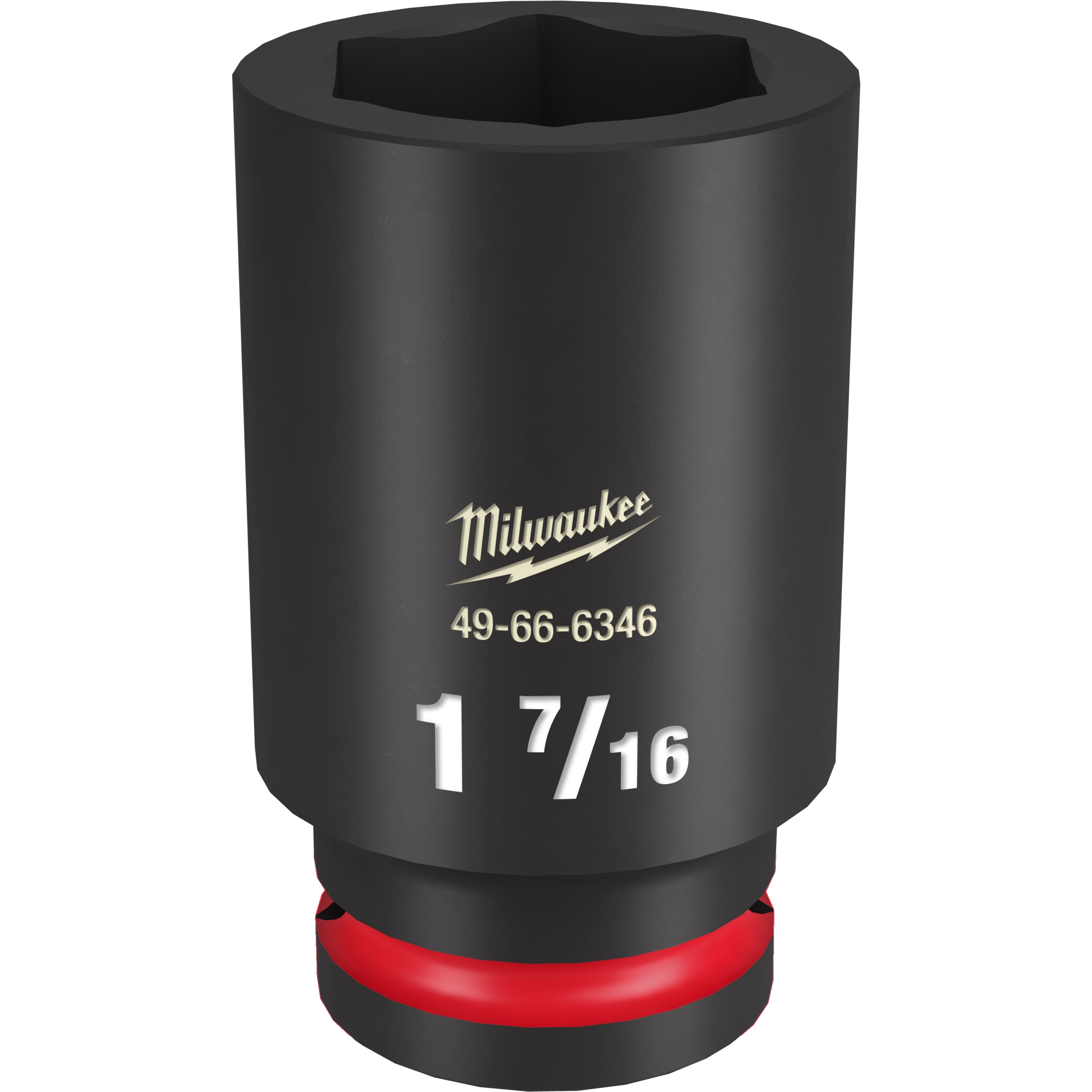 The 3/4 DR 1-7/16 Deep Impact Socket is a black cylindrical tool with "1 7/16" and "Milwaukee" printed on it. It features a red ring near the base.