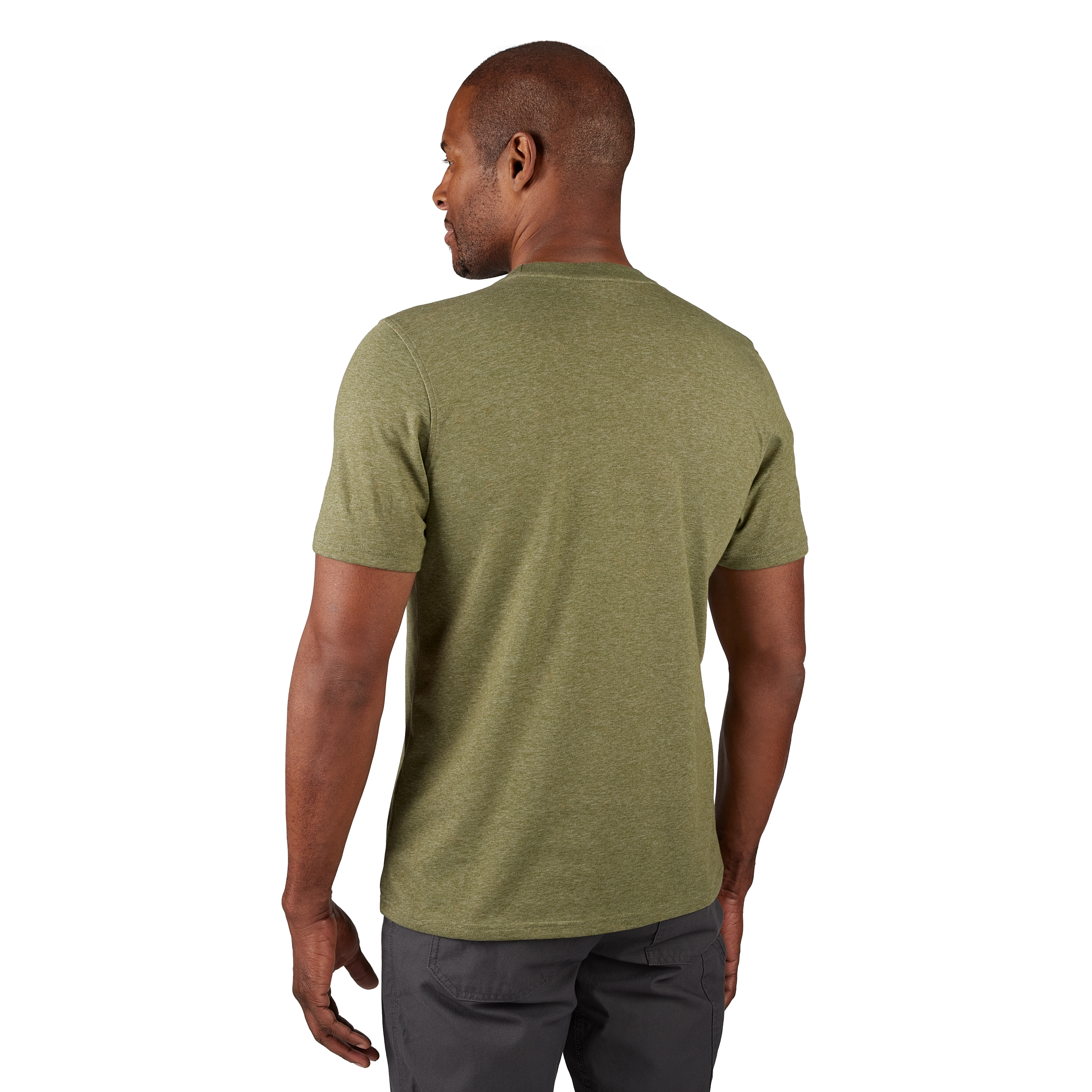 Back view of a person wearing a green FREEFLEX Hybrid Work Tee - Short Sleeve paired with gray pants.