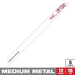 The Milwaukee Sawzall blade is designed for medium metal cutting. It measures 12 inches long with 18 teeth per inch (TPI). The blade is sold in a pack of five, as indicated in the bottom right corner of the image. Made in the USA.