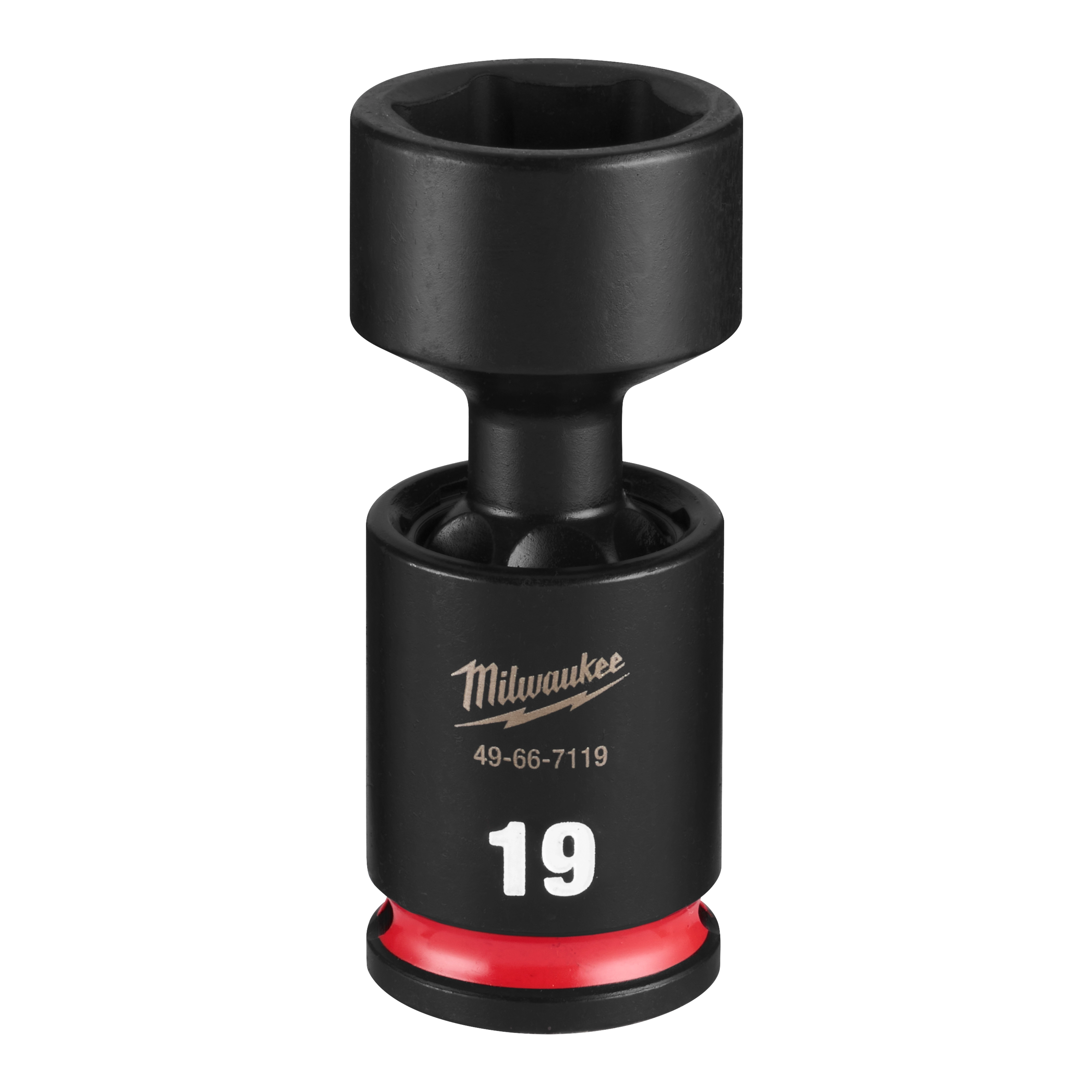 SHOCKWAVE Impact Duty 3/8" Drive 19MM Standard Swivel Socket standing upright with a red band near the base.