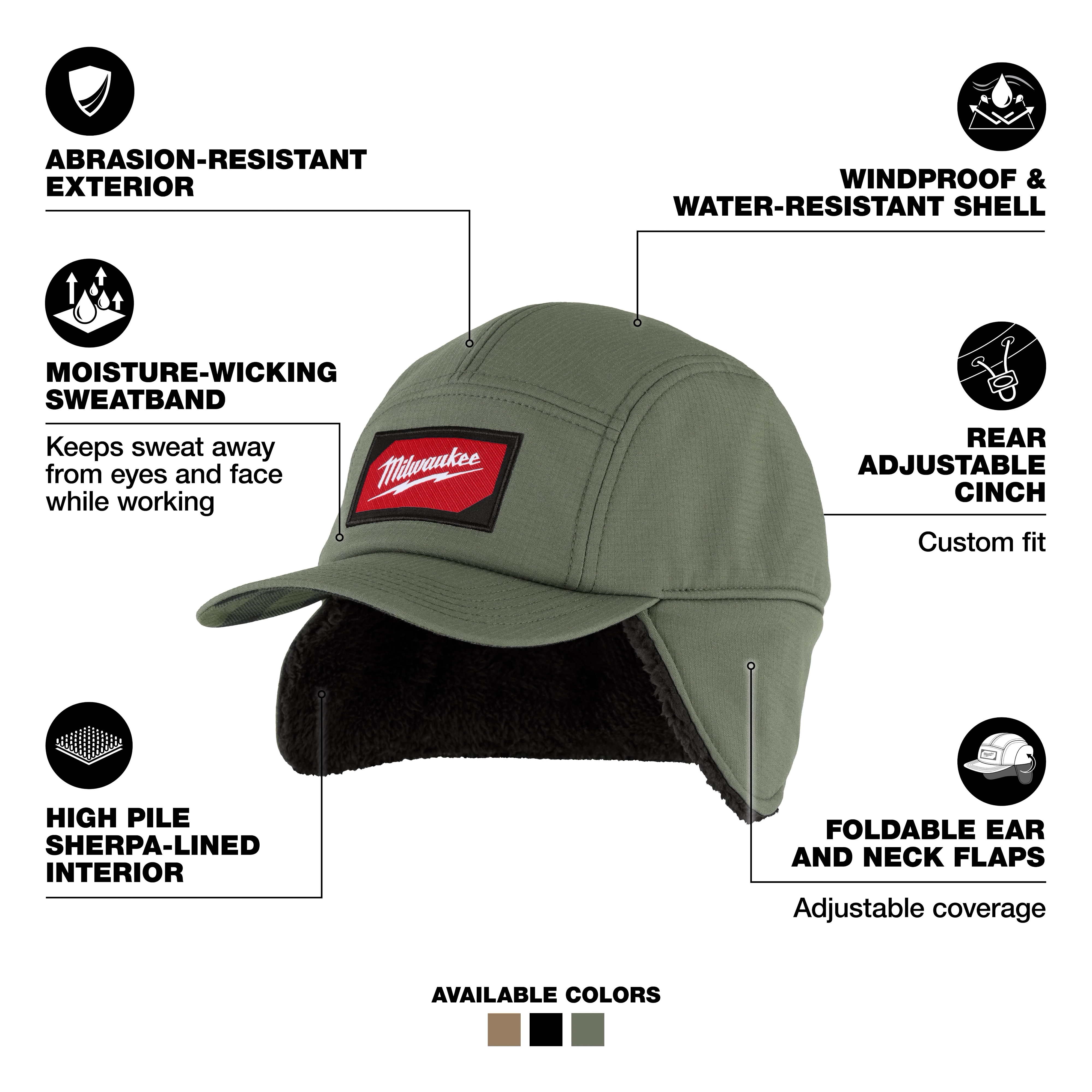 Milwaukee Sherpa-Lined Hat with foldable ear and neck flaps and rear adjustable cinch on a plain background.
