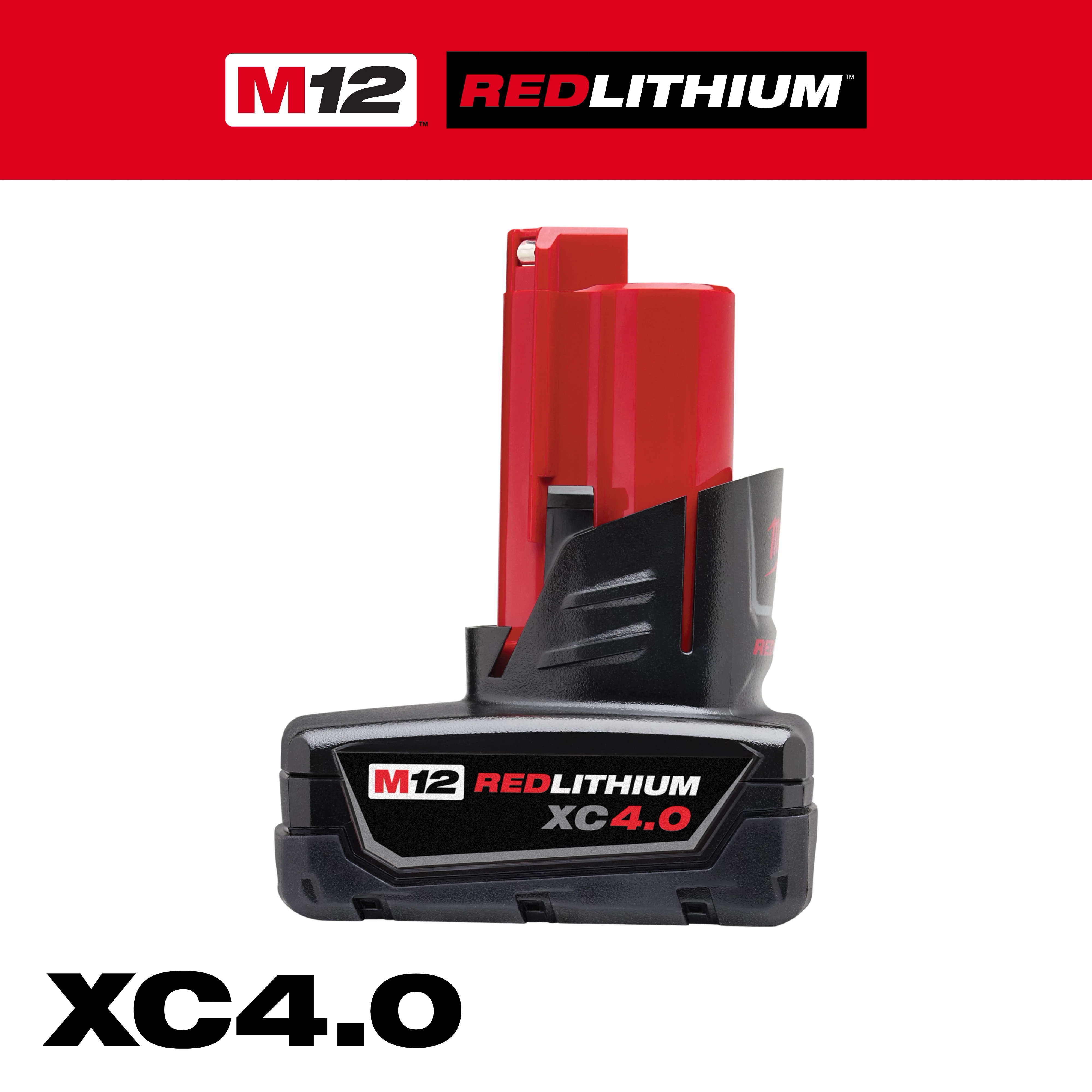 M12 REDLITHIUM XC 4.0 Extended Capacity Battery Pack in black and red with branding and model information displayed prominently.