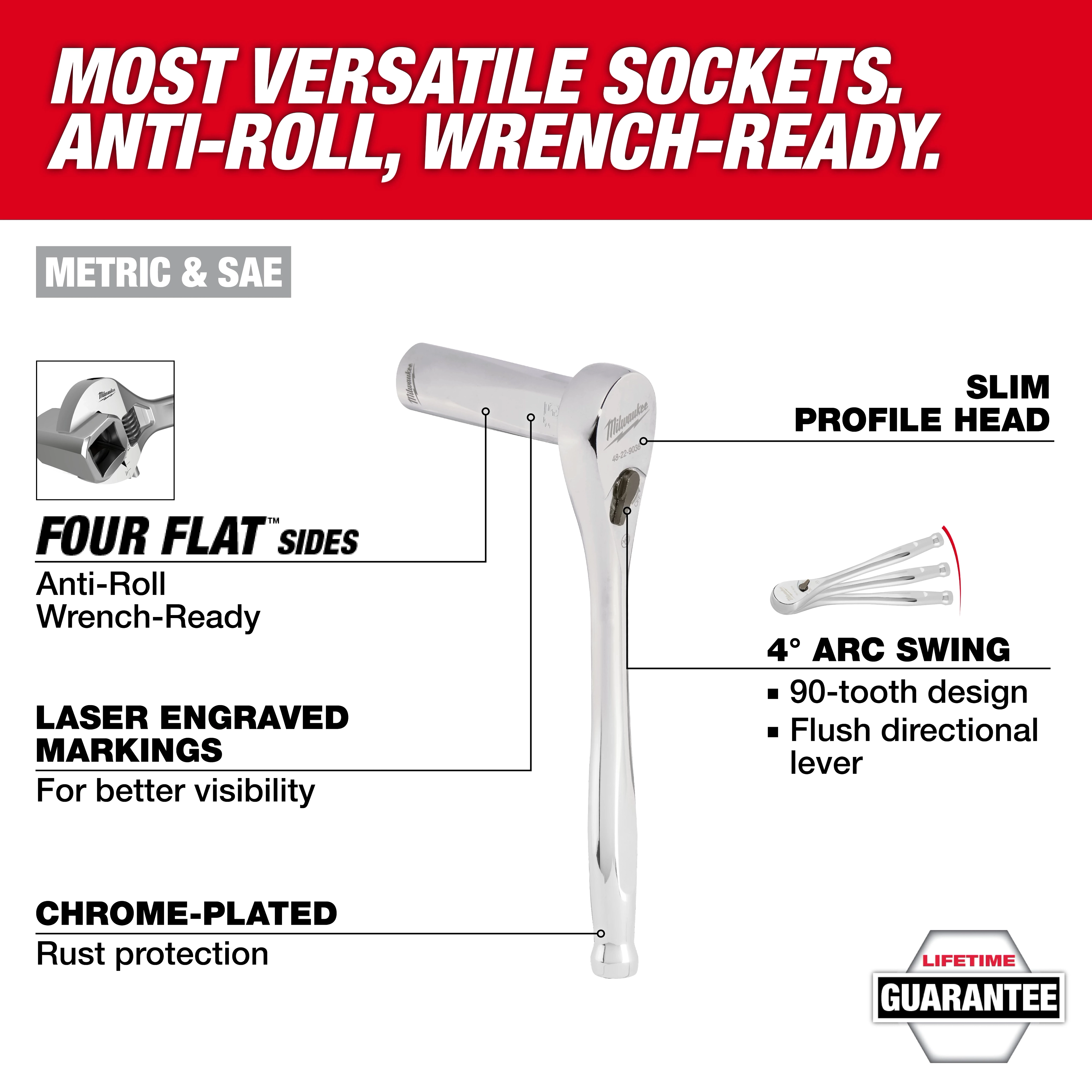 An advertisement showcases the 98pc 3/8" 6-Pt and 12-Pt Metric & SAE Ratchet & Socket Set with PACKOUT™ Low-Profile Organizer. The text highlights features like anti-roll sides, laser engraved markings, chrome-plated rust protection, slim profile head, and a 90-tooth design for versatile use. Lifetime guarantee included.