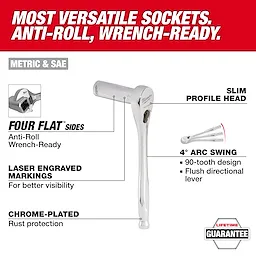 An advertisement showcases the 98pc 3/8" 6-Pt and 12-Pt Metric & SAE Ratchet & Socket Set with PACKOUT™ Low-Profile Organizer. The text highlights features like anti-roll sides, laser engraved markings, chrome-plated rust protection, slim profile head, and a 90-tooth design for versatile use. Lifetime guarantee included.