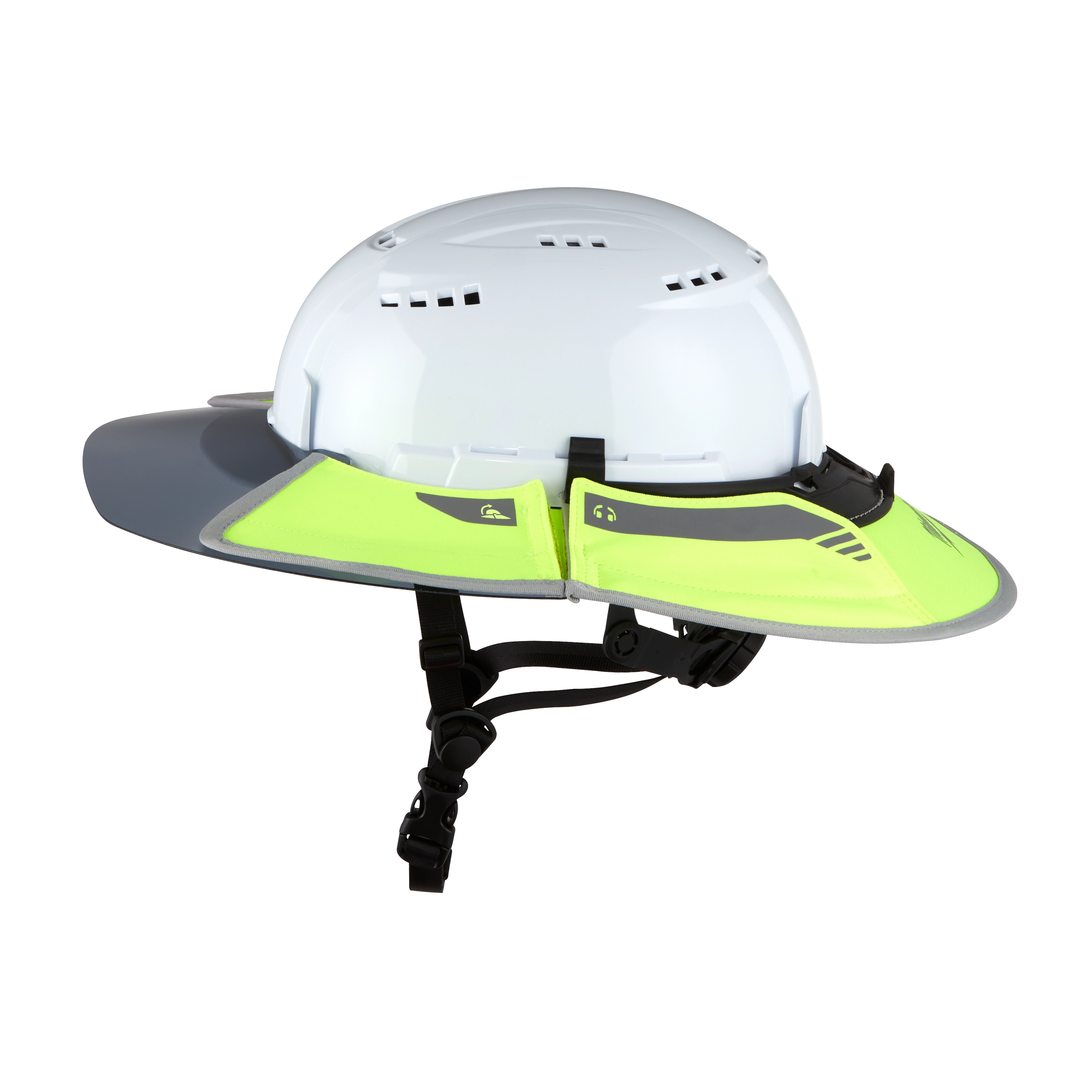 BOLT Sun Visor attached to a white safety helmet with ventilation holes. The visor is neon green with a gray underside and features a chin strap for secure fitting.